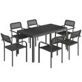 Garden Dining Set for 6, Faux Wood Metal Outdoor Table and Stackable Chairs with Plastic Rattan Effect Seat, Black