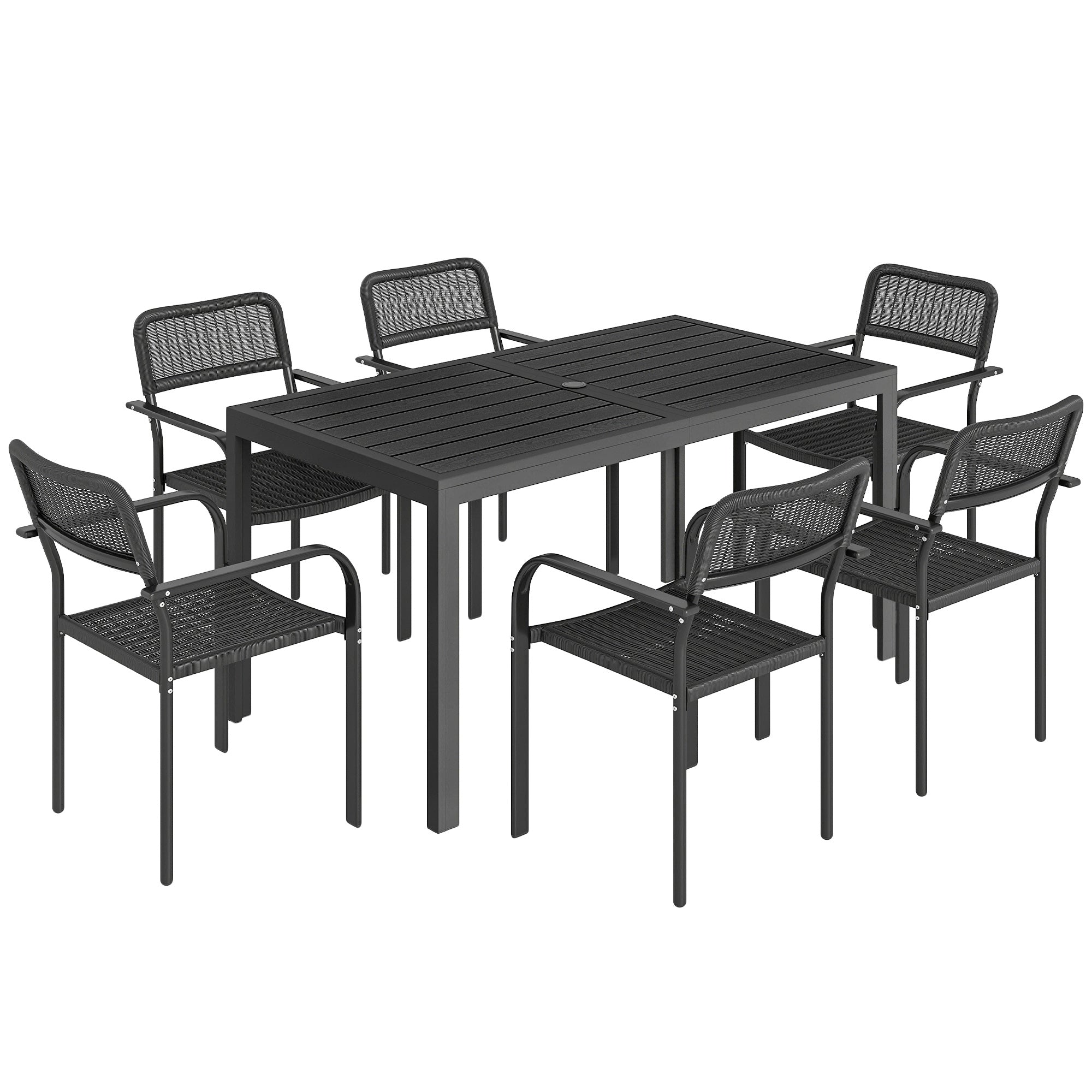 Garden Dining Set for 6, Faux Wood Metal Outdoor Table and Stackable Chairs with Plastic Rattan Effect Seat, Black