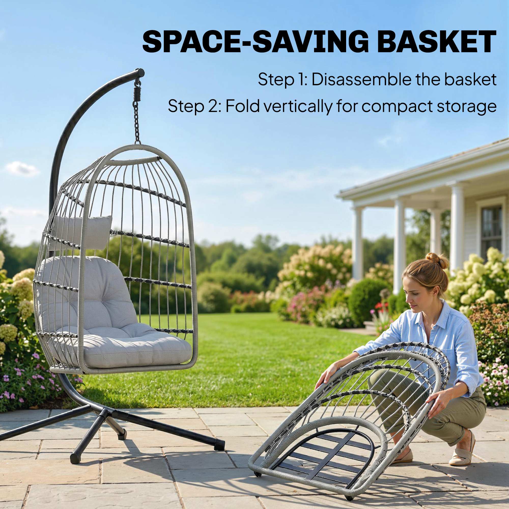 Hanging Egg Chair, Indoor Outdoor Hammock Swing Chair with Stand, Safety Strap, Foldable Basket, Light Grey