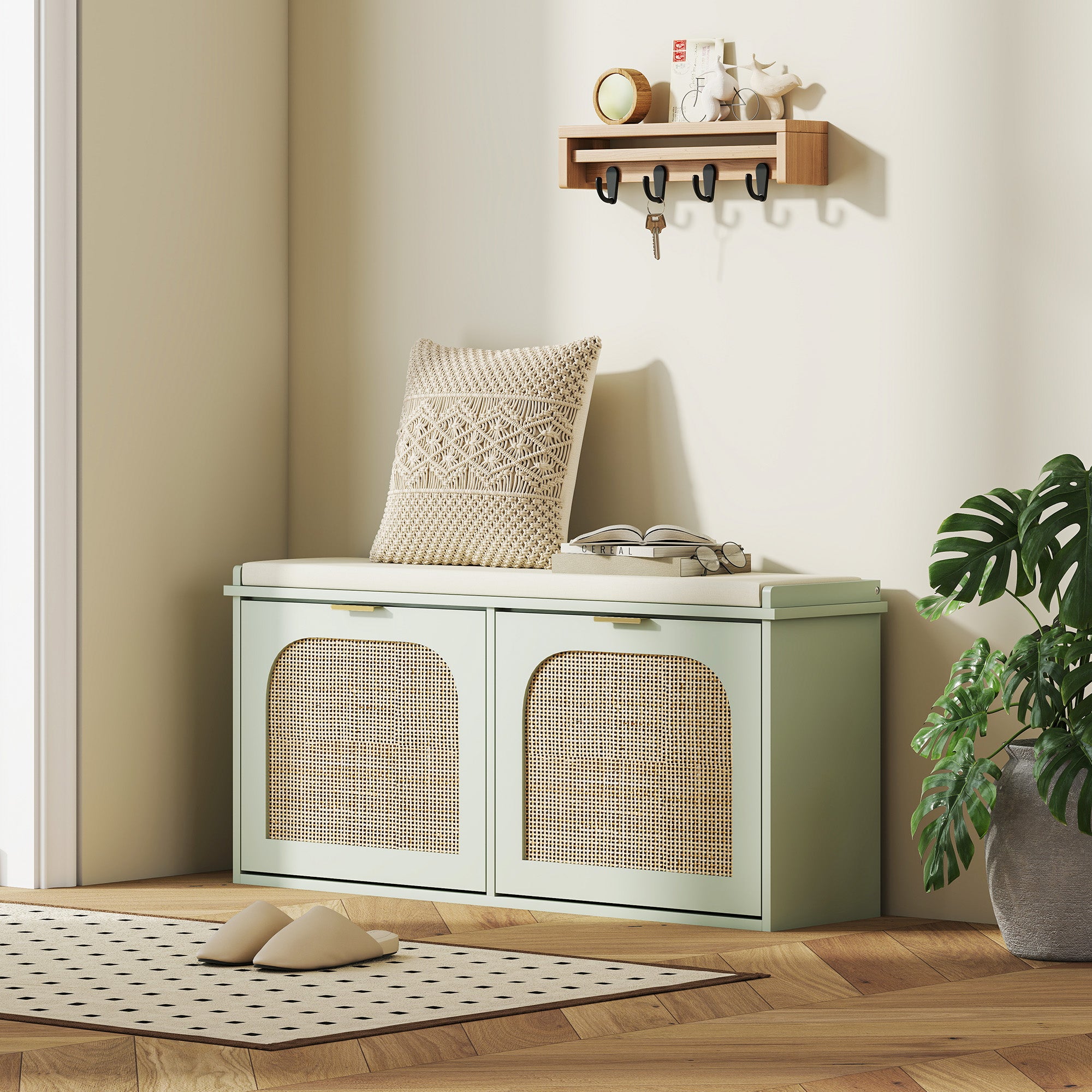 Boho Shoe Bench with Padded Seat and 2 Flip-Drawers - Light Green