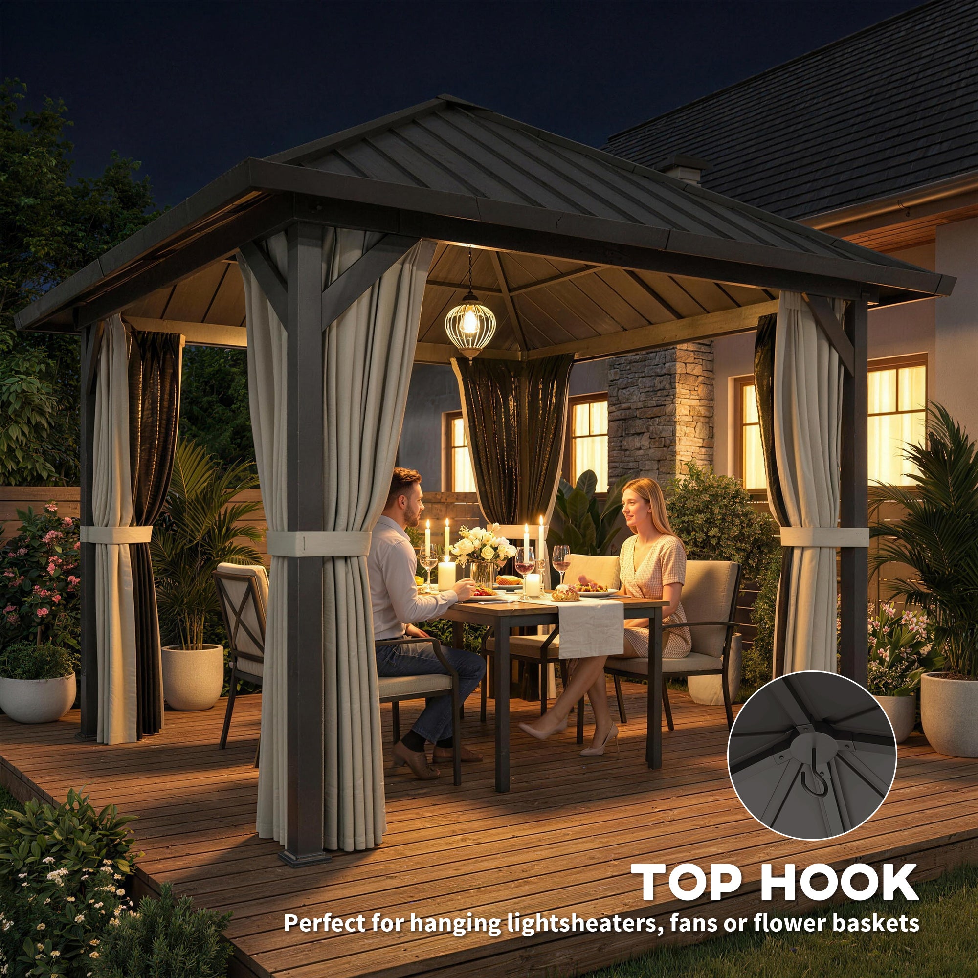 3 x 3(m) Hardtop Gazebo with Galvanised Steel Roof and Water Gutter, Waterproof Permanent Pavilion Garden Gazebo with Netting and Curtains for Patio, Deck, Black