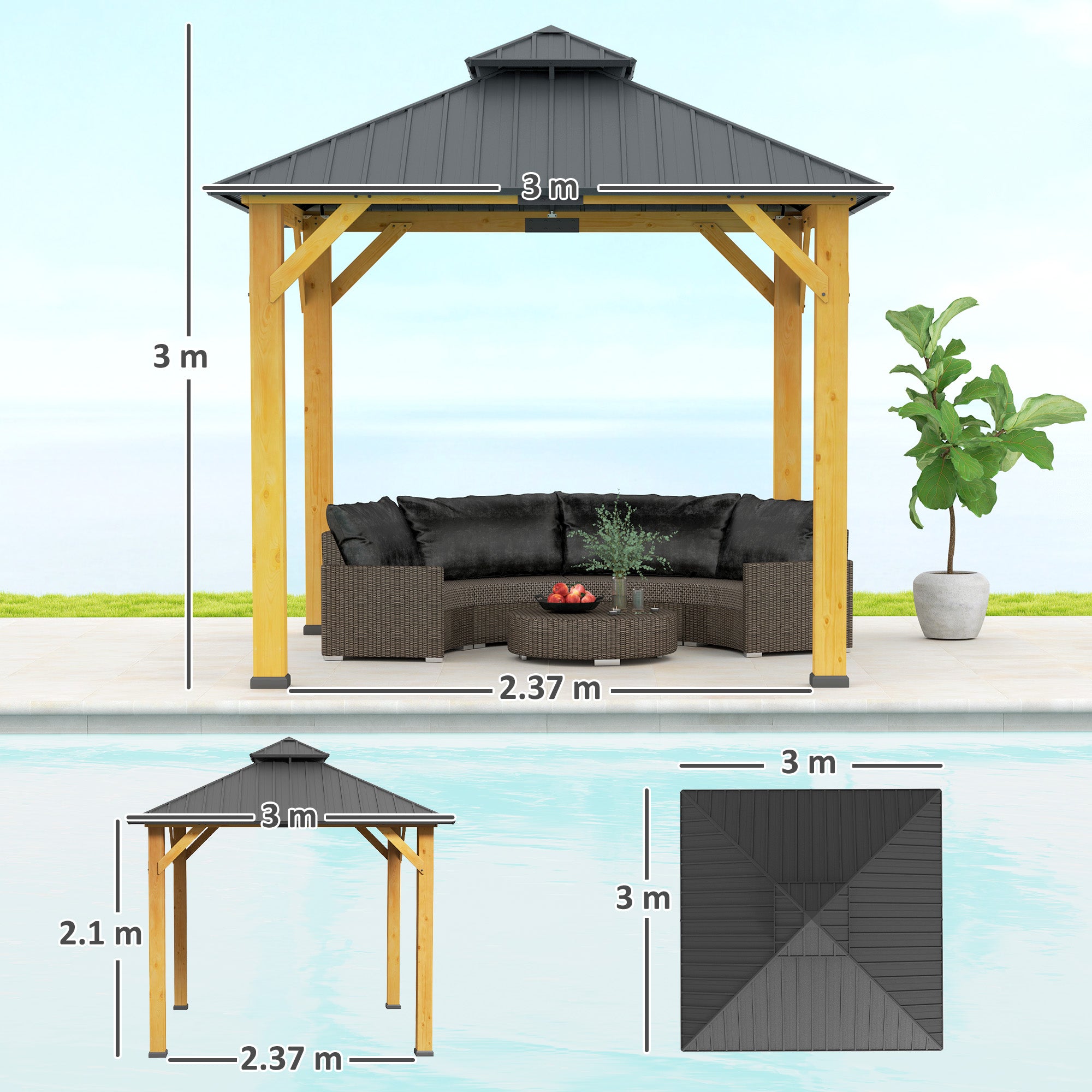3x3M Outdoor Hardtop Gazebo Canopy with 2-Tier Roof and Solid Wood Frame - Grey