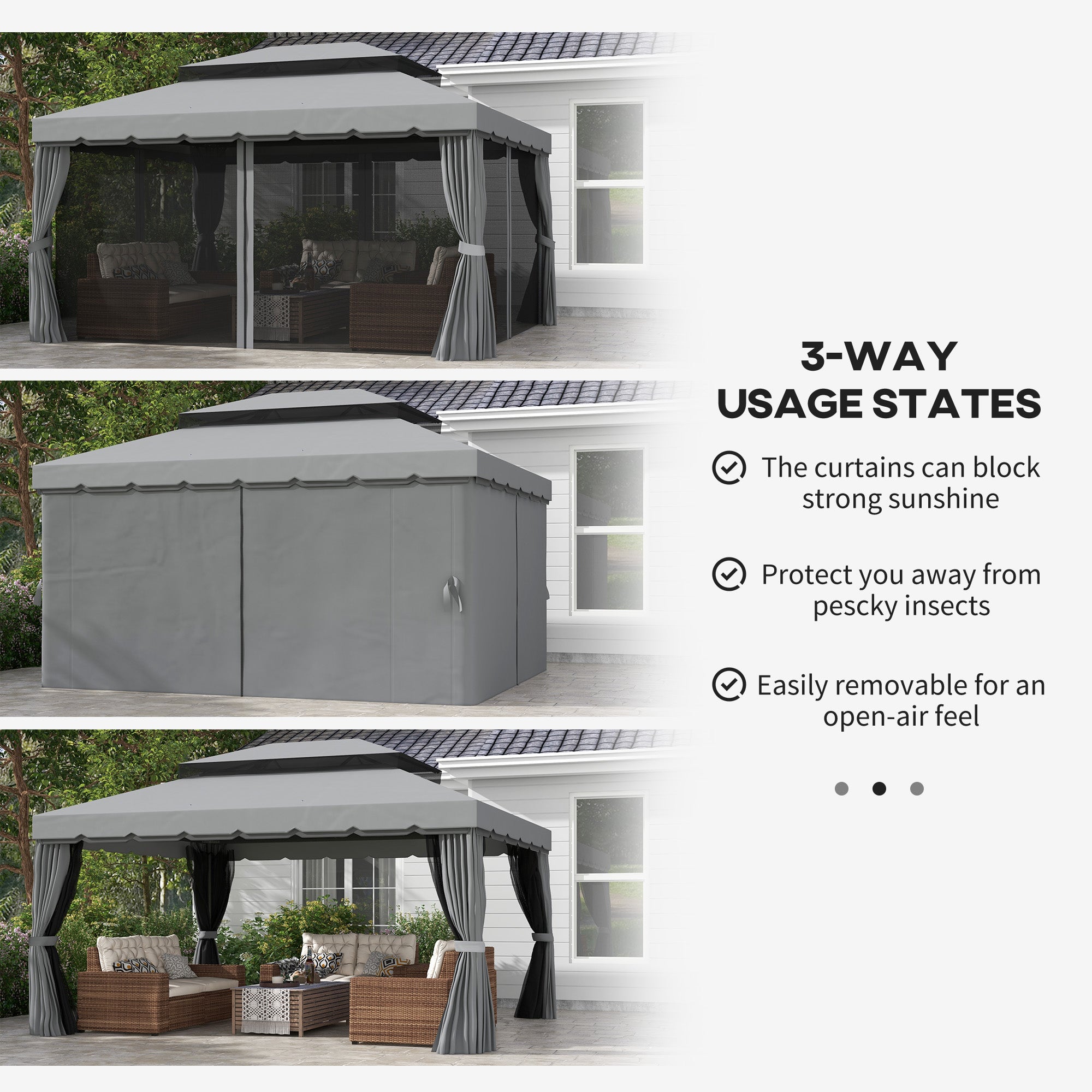 3 x 4m Aluminium Garden Gazebo, Marquee Canopy Shelter Pavilion Party Tent with Nets and Curtains for Garden and Deck, Light Grey