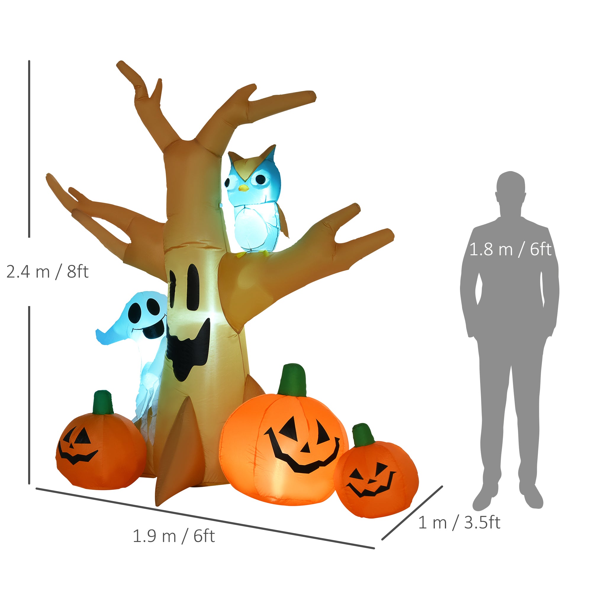 240cm Large Halloween Scary Lighting Inflatable Tree Ghost 3 Pumpkins Owl 4 LED Indoor Outdoor Holiday Decoration