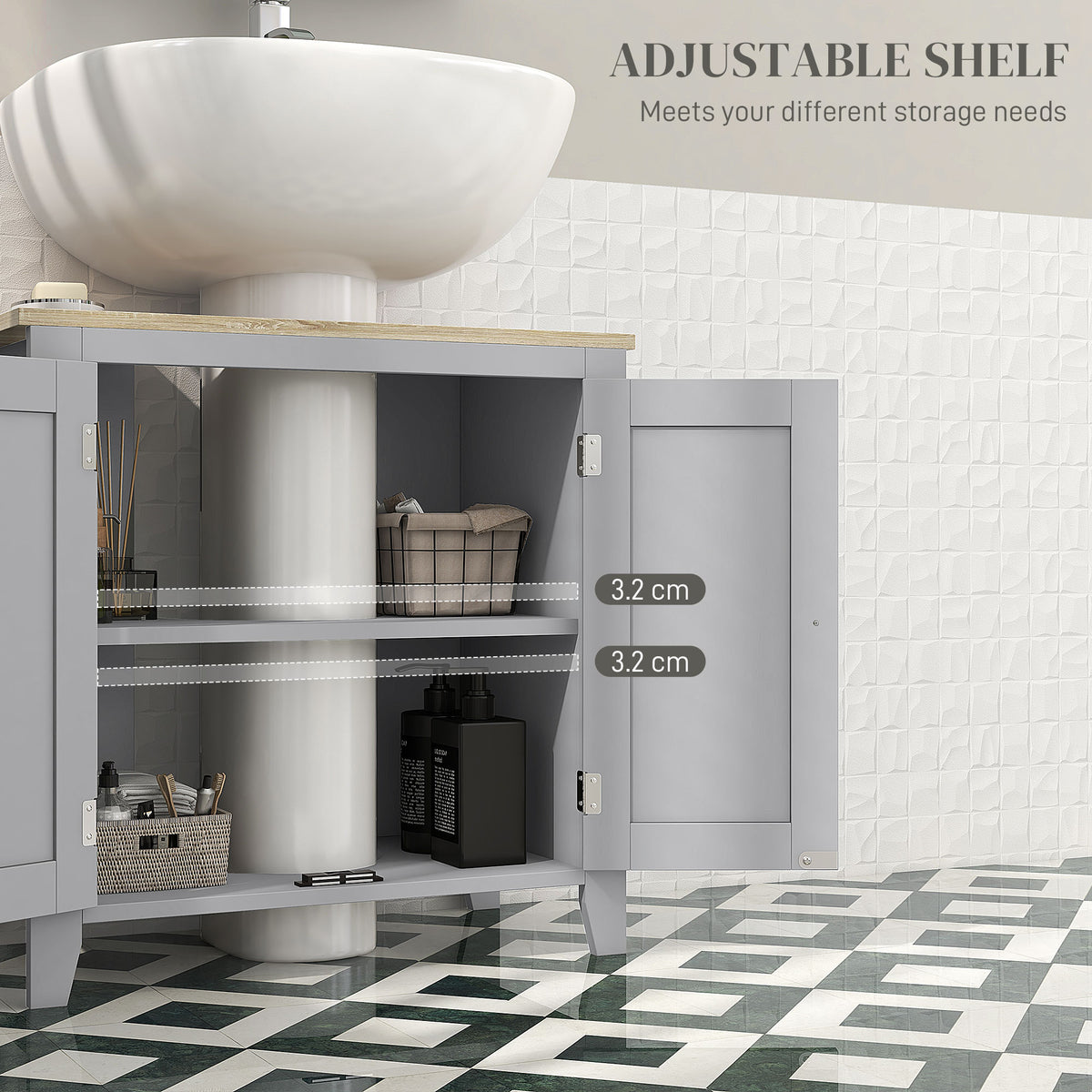kleankin Under Sink Cabinet, Bathroom Sink Cabinet with 2 Doors, Pedestal Under Sink Design, Freestanding Bathroom Cupboard with Adjustable Shelf, Grey