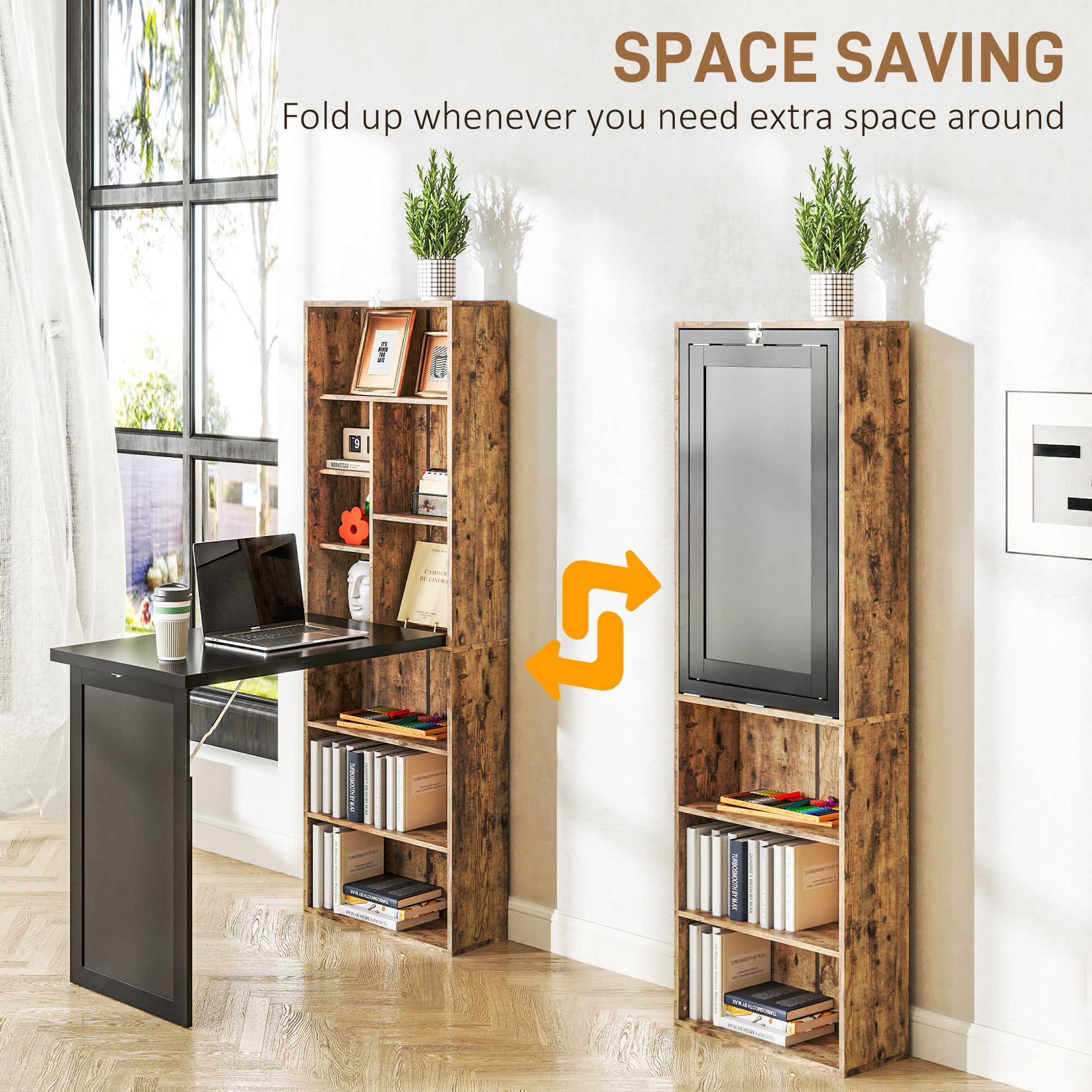 Folding Desk with Blackboard Multi-function Computer Office Workstation Side Shelf for Home Office, Rustic Brown