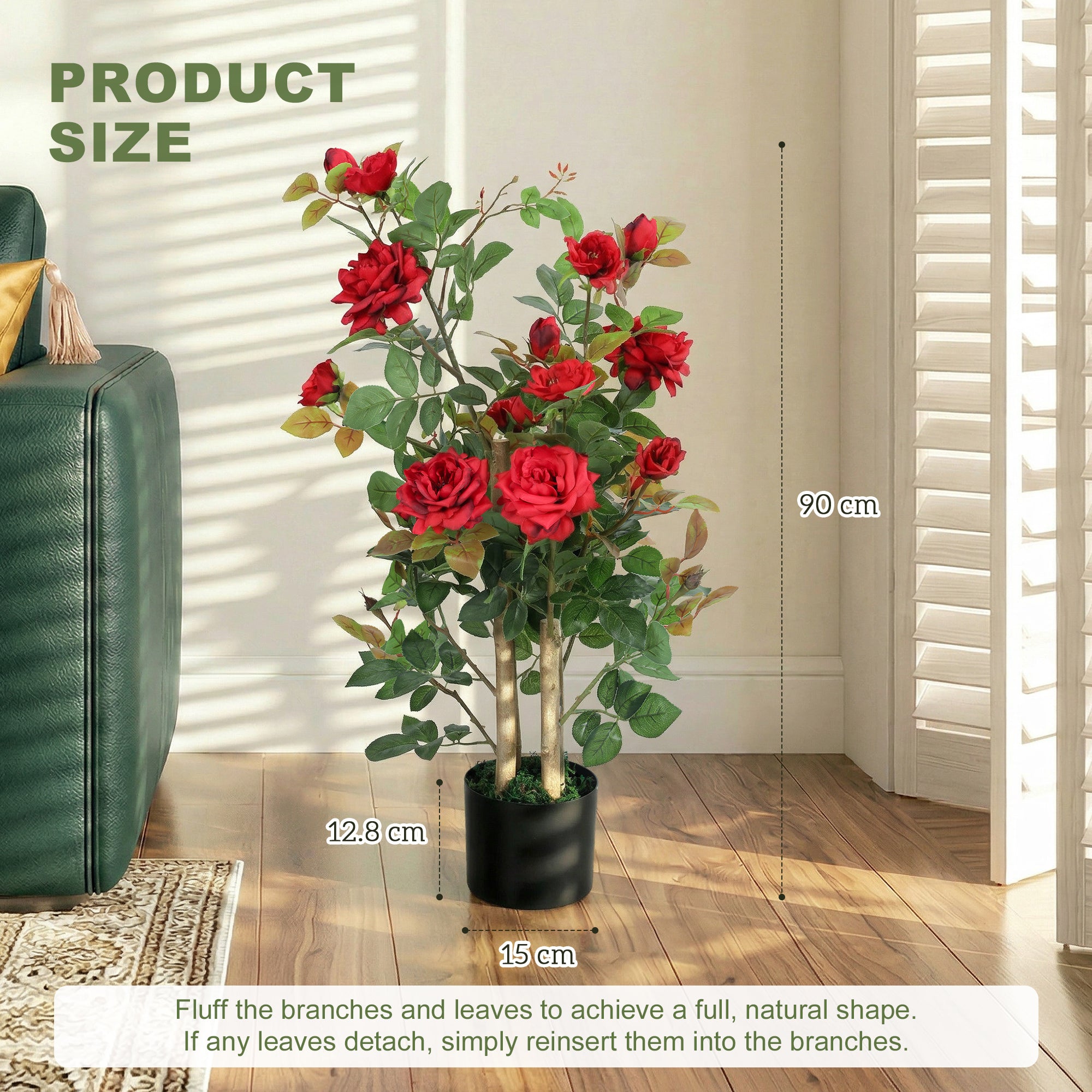 90cm Artificial Rose Tree, Decorative Fake Plant with 344 Silk Leaves 17 Flowers for Outdoor Indoor Decor, Red