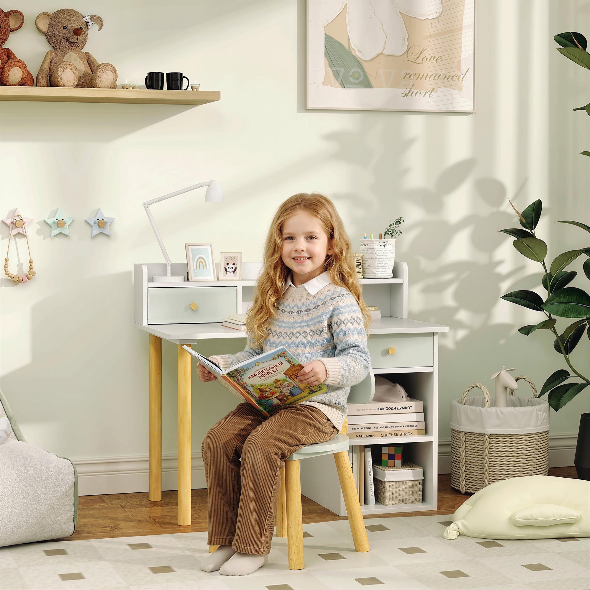 Two-Piece Children Study Table with Hutch, Kids Desk and Chair Set with Storage, Drawer, Shelves, Green