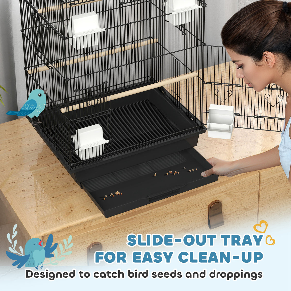 Metal Bird Cage with Swing, Perch, Food Containers & Tray for Finches Canaries 43x32.5x104cm - Black