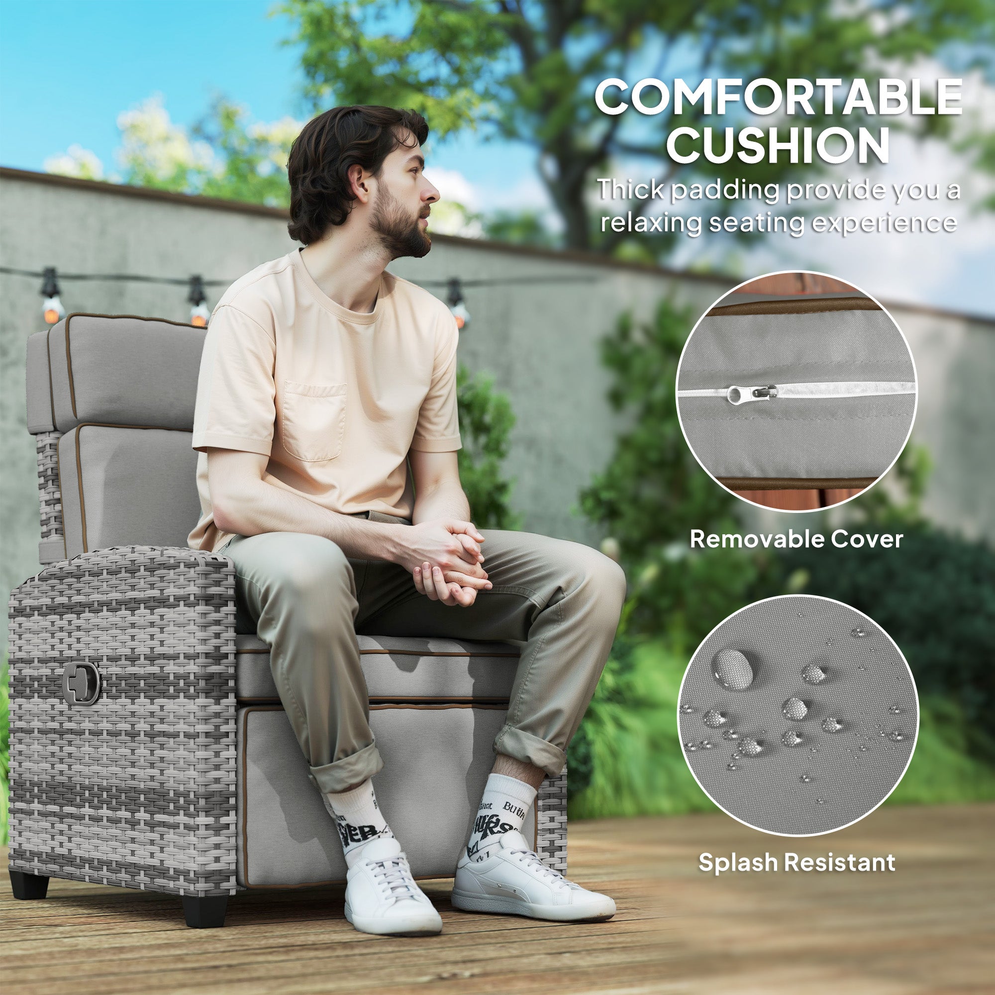 Rattan Garden Recliner Chair, Adjustable Backrest Reclining Rattan Chair with Flip Table, Cushion and Footrest, Indoor Outdoor Lounge Reclining Sun Lounger for Patio, Mixed Grey/Grey