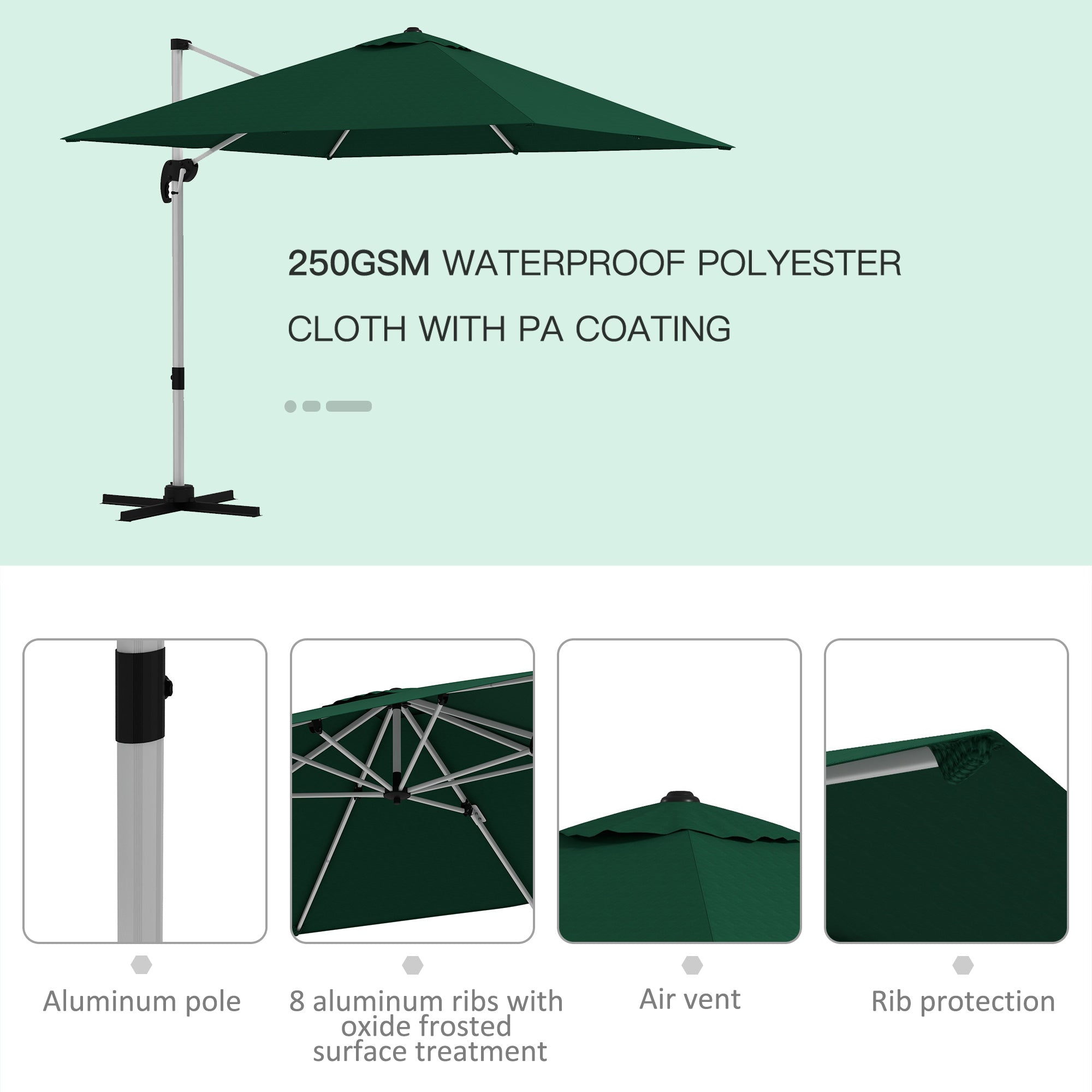 Square Cantilever Garden Parasol, with Five-Position Canopy - Green