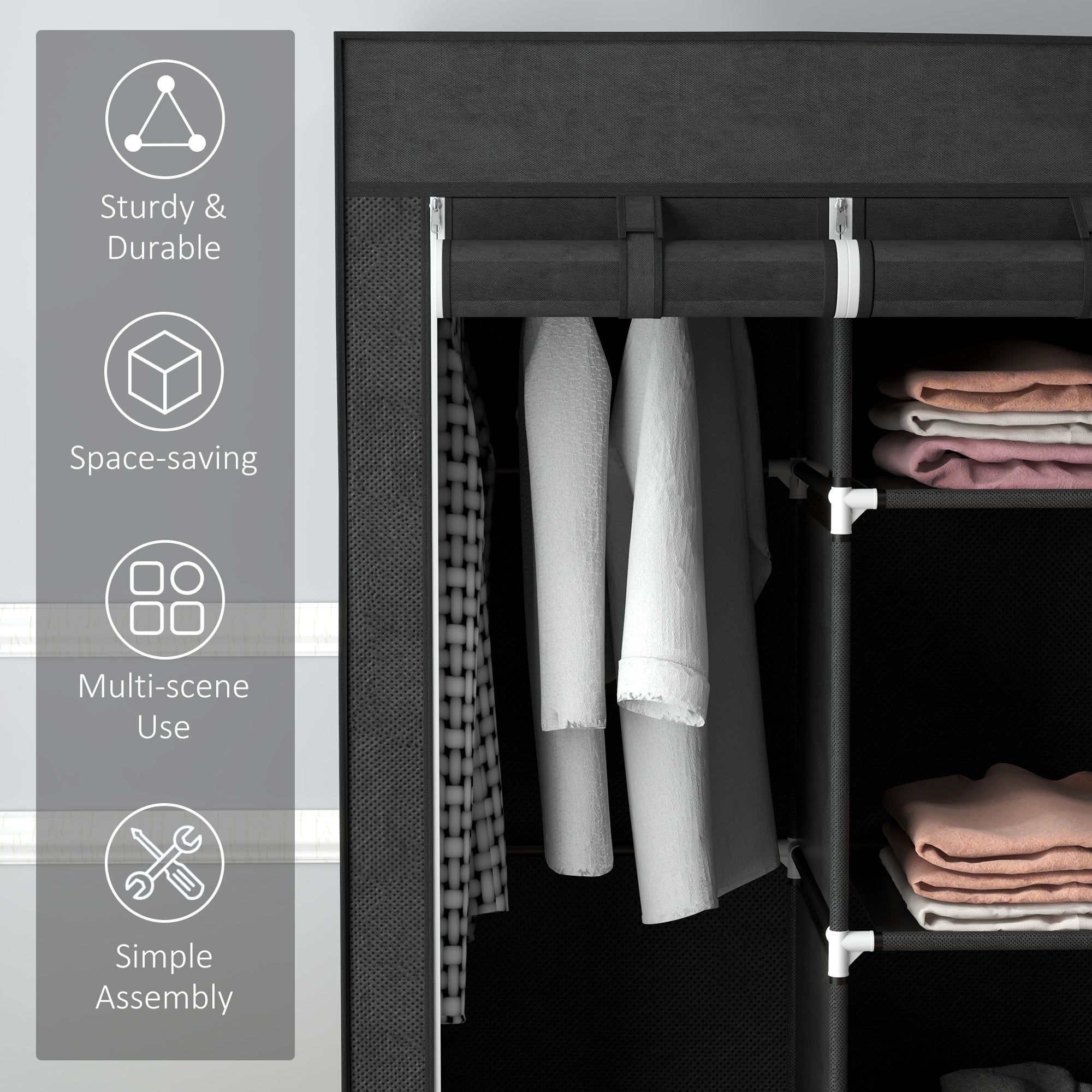 Foldable Fabric Wardrobe for Bedroom, Portable Wardrobe with 5 Shelves, 2 Hanging Rails and 3 Fabric Drawers, Black