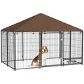 Outdoor Dog Kennel Puppy Play Pen with Canopy, Fence & Rotating Bowl 211x141x151 cm - Black/Brown