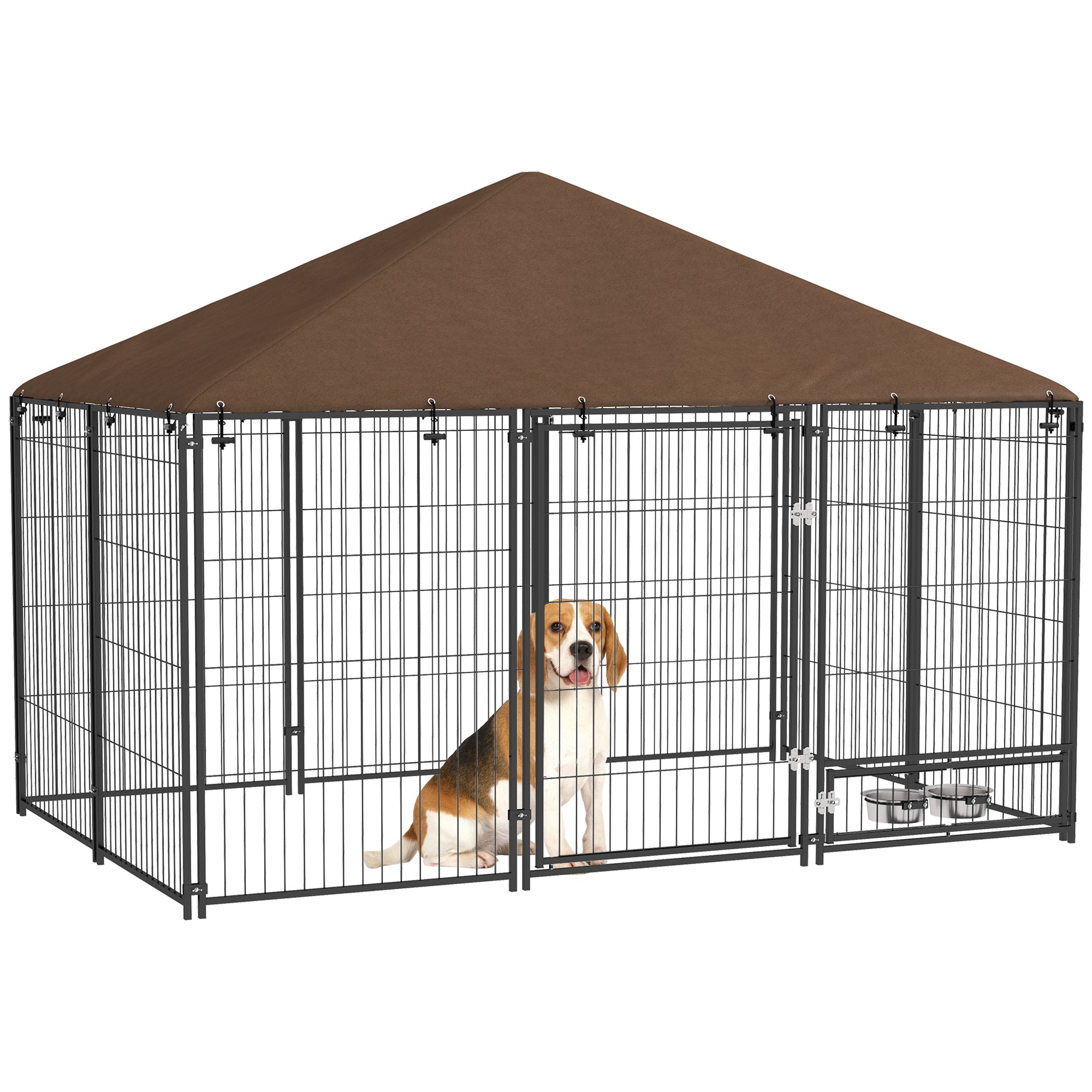 Outdoor Dog Kennel Puppy Play Pen with Canopy Garden Playpen Fence Crate Enclosure Cage Rotating Bowl 211 x 141 x 151 cm