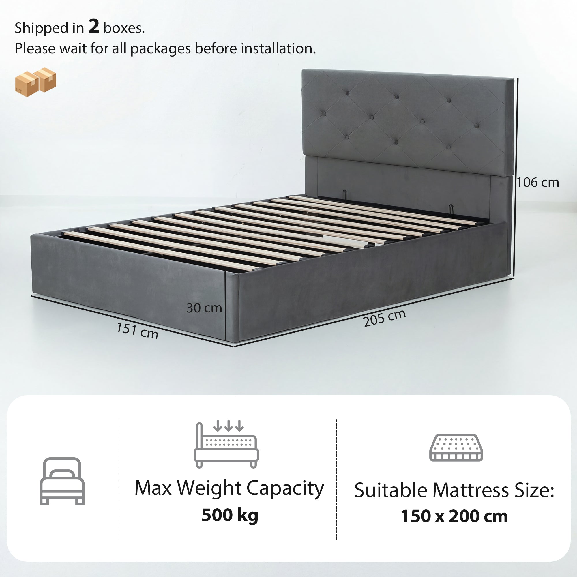 King Size Bed Frame Gas End Lift Under Bed Storage Upholstered Platform Bed Tufted Headboard for 150 x 200 cm Mattress