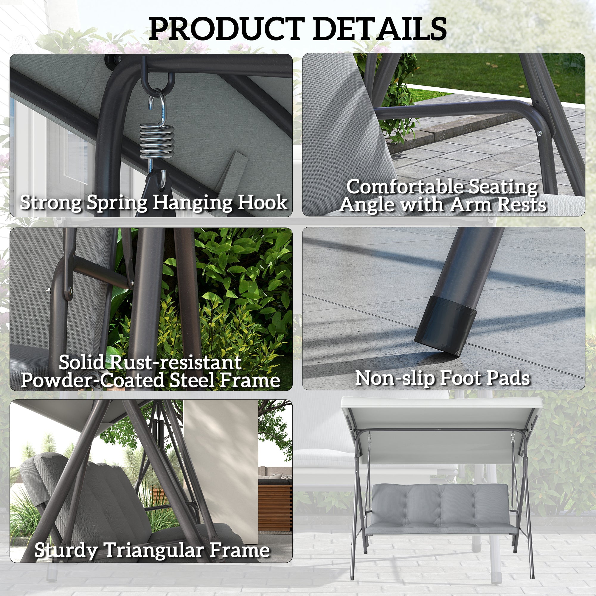 Three-Seater Garden Swing Seat with Canopy - Light Grey