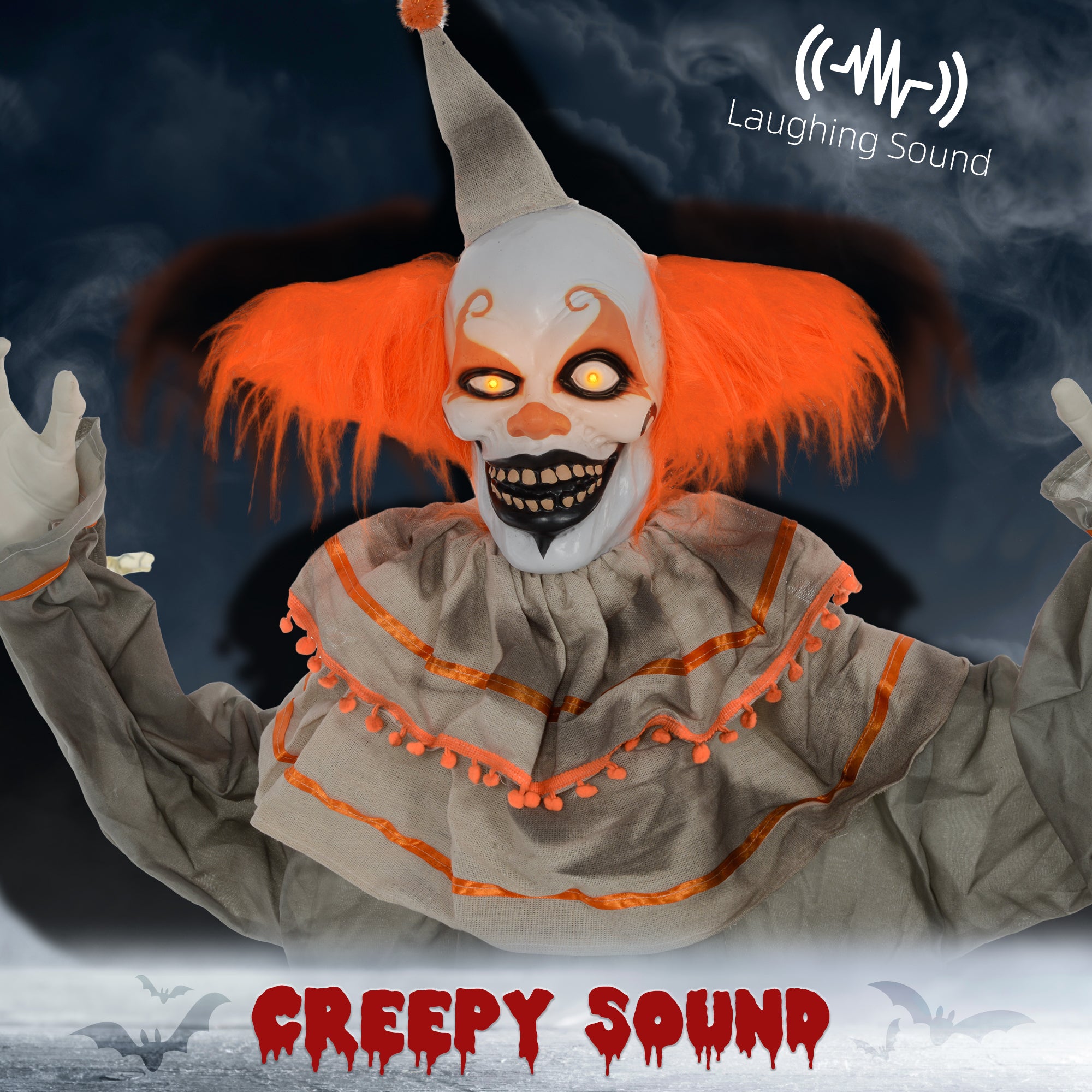 6' Orange Clown Halloween Animatronic, with Glowing Eyes