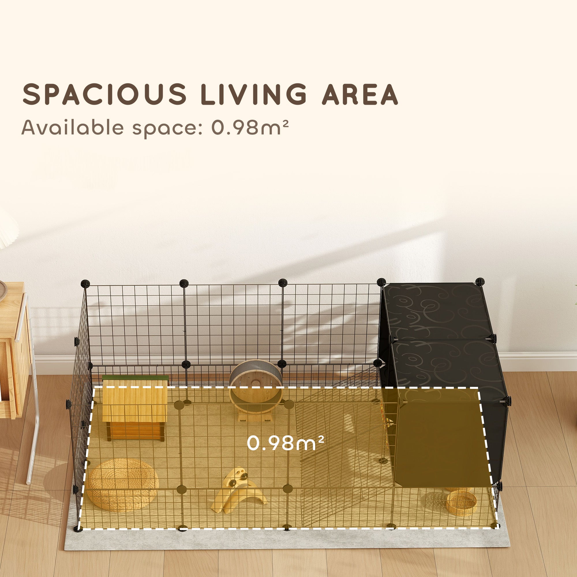 DIY Small Animal Cage with Elevated Huts, C&C Cage for Guinea Pigs, Hedgehogs, Rabbits, 31 Panels, Black