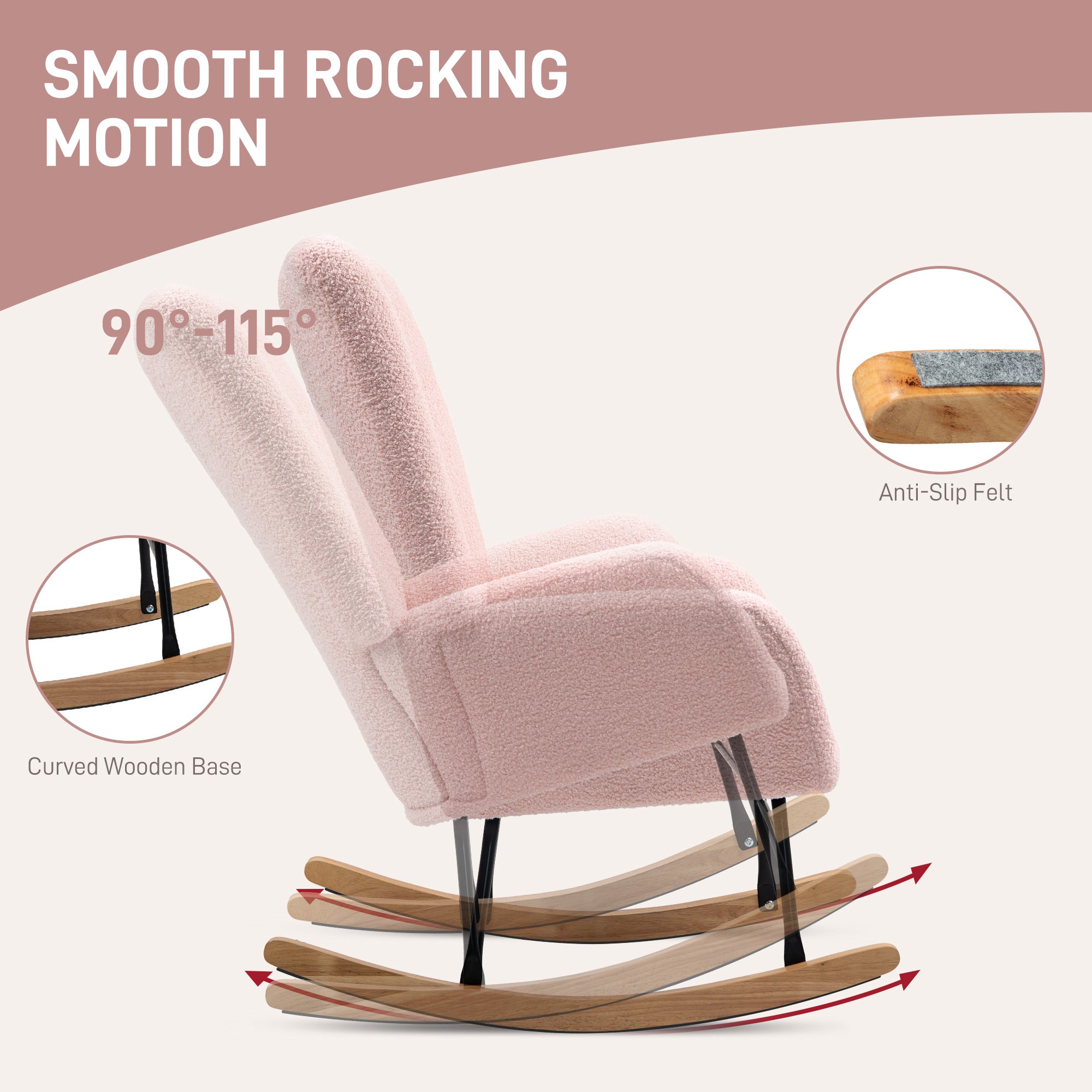 Teddy Fleece Rocking Chair with Cushioned Seat and Back Support - Pink