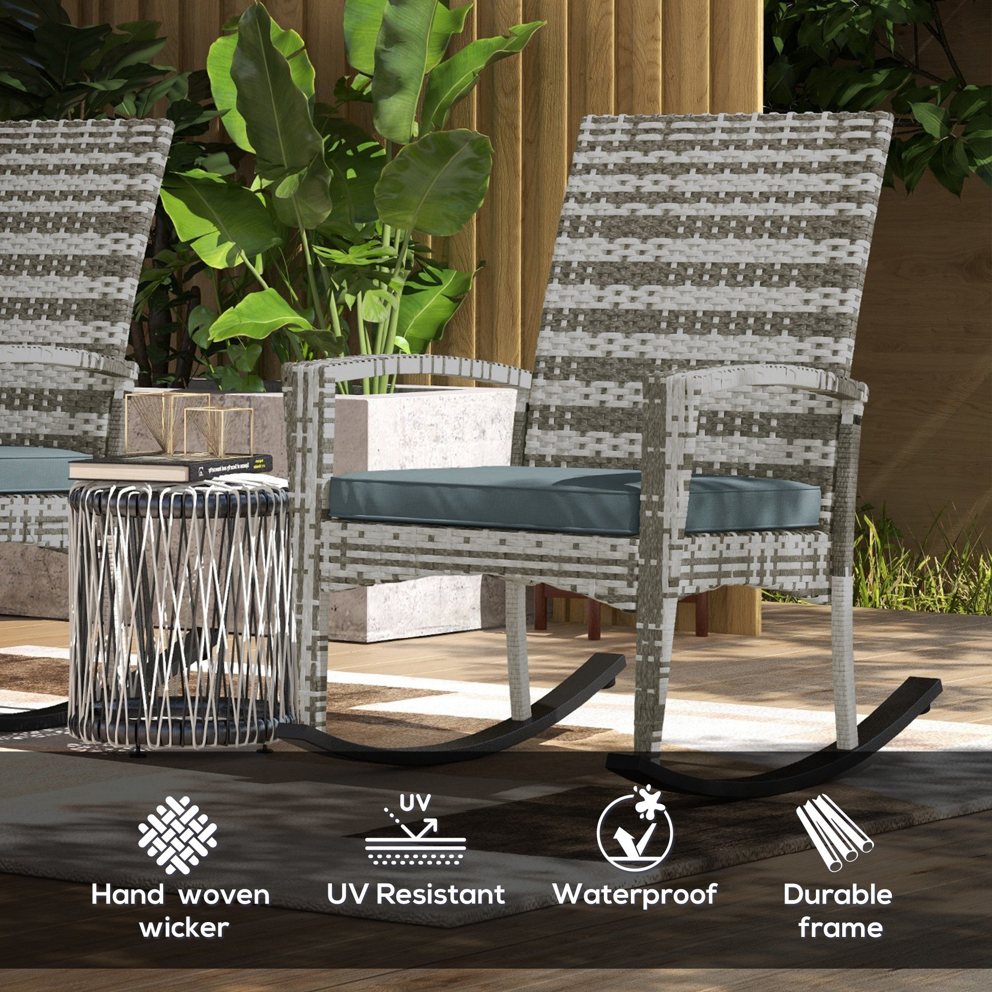 Outdoor PE Rattan Rocking Chair Set of 2, Garden Rocking Chair Set with Armrest and Cushion, Light Grey