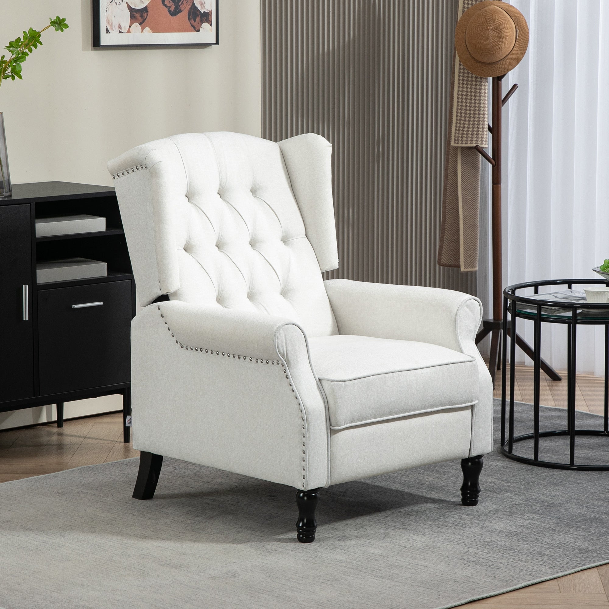 Recliner Armchair, Vintage Reclining Chair with Nail Head Trim, Wingback Chair with Button Tufted Back and Footrest, for Living Room, Cream White