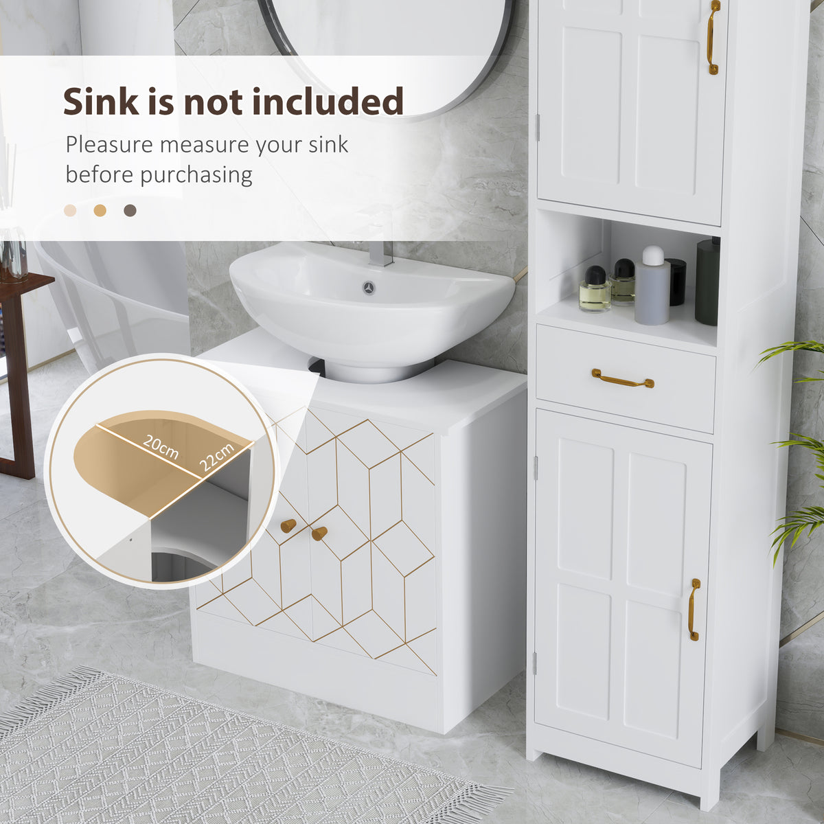 Under Sink Bathroom Cabinet with Adjustable Shelf and Open Compartment 60x30x60cm - White