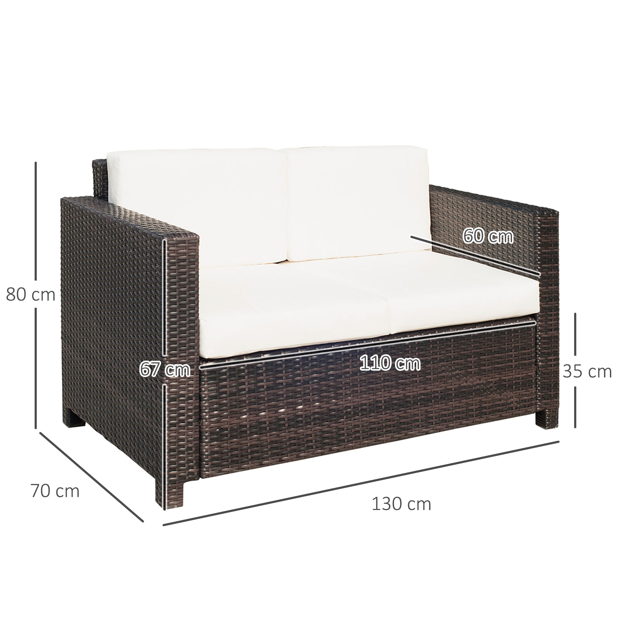 2 Seater Rattan Garden Sofa with Padded Cushions - Mixed Brown