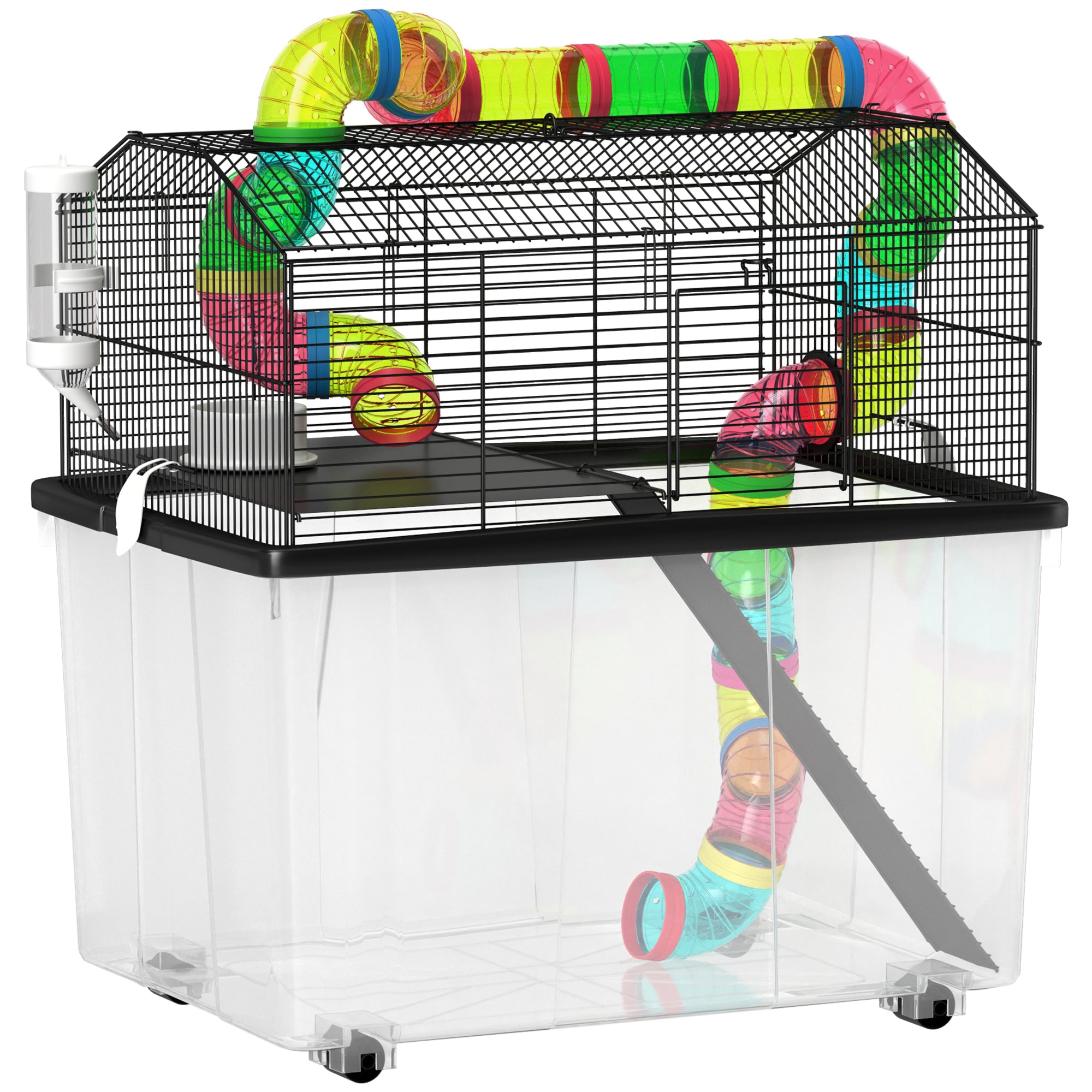 2 Tier Hamster Cage with 31cm Deep Tray, Tube System, Water Bottle, Ramp, Feeding Bowl, 58 x 43 x 57cm, Multicolour