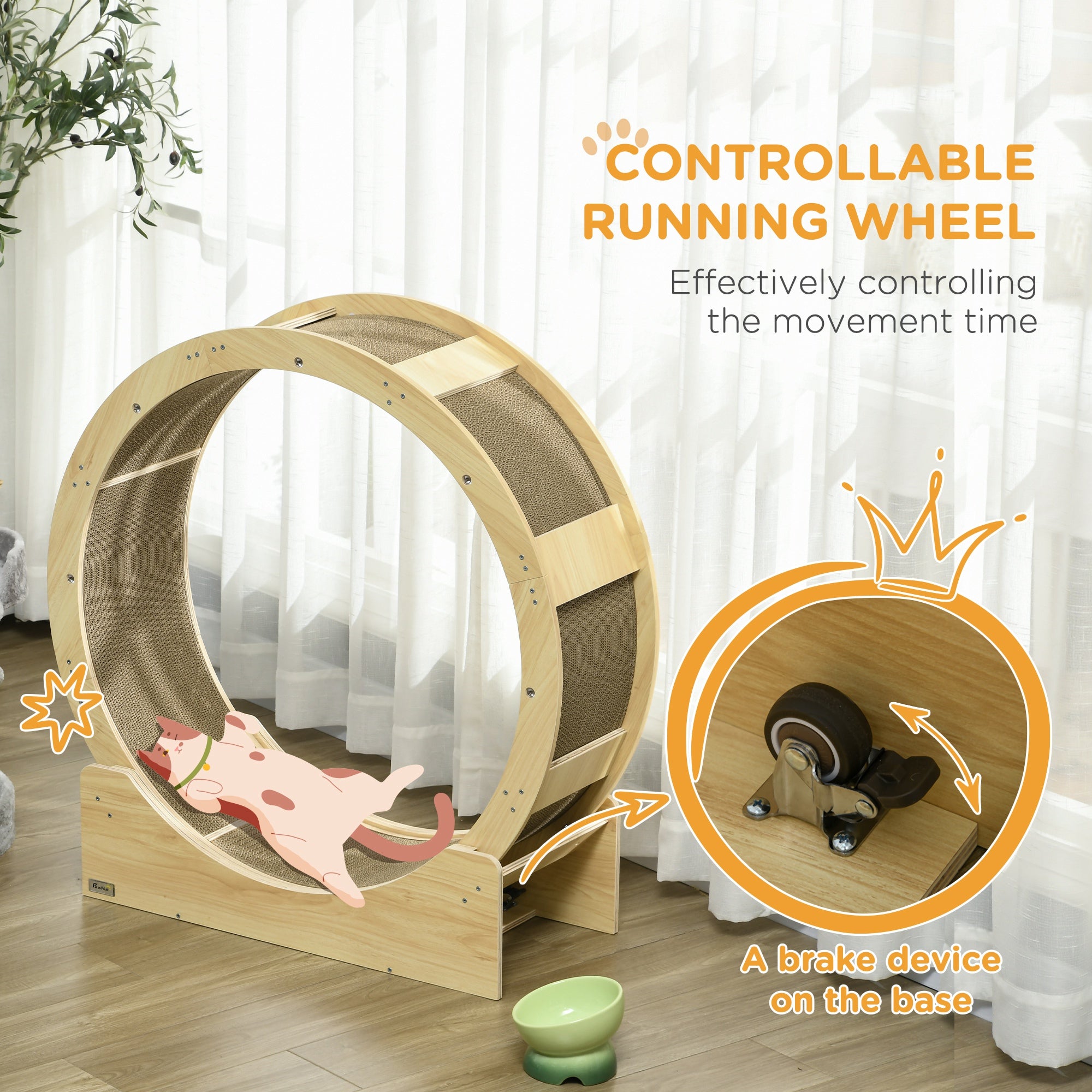 Cat Wheel with Brake, Scratching Pads - Oak Tone