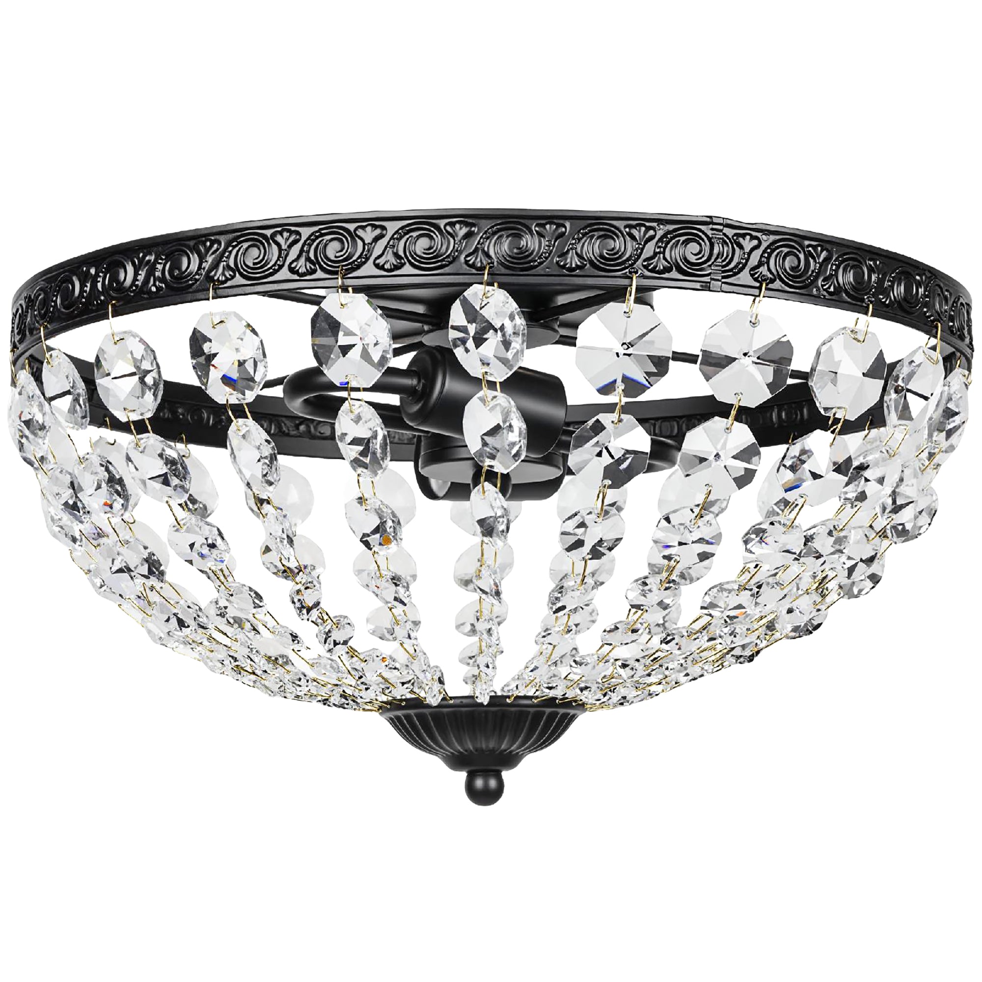 Crystal Chandelier Ceiling Light with 168 Octagonal Beads, Vintage 2-Light Flush Mount Ceiling Light for Living Room, Bedroom, Hallway, Dining Room, Black