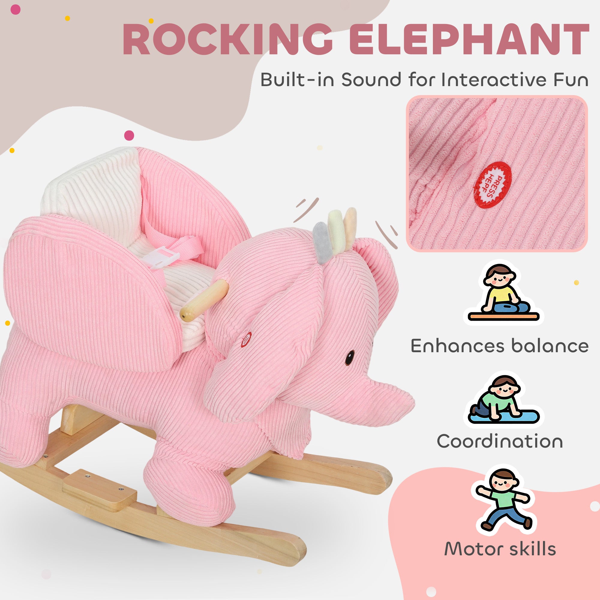 Kids Rocking Horse, Baby Ride on Elephant Rocker with Safety Belt and Sound for Toddlers 18 to 36 Months, Pink