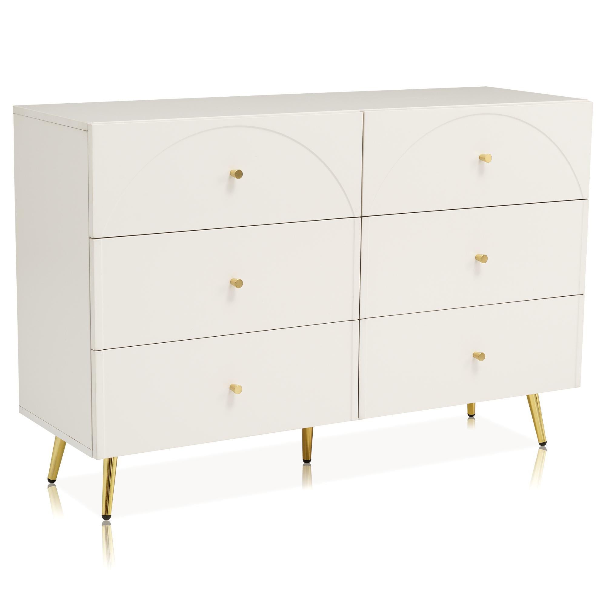 Height Ajustable Sideboard with 6 Storage Drawers, Cabinet with Wood and Metal Construction, 120L x 40W x 85H cm, White