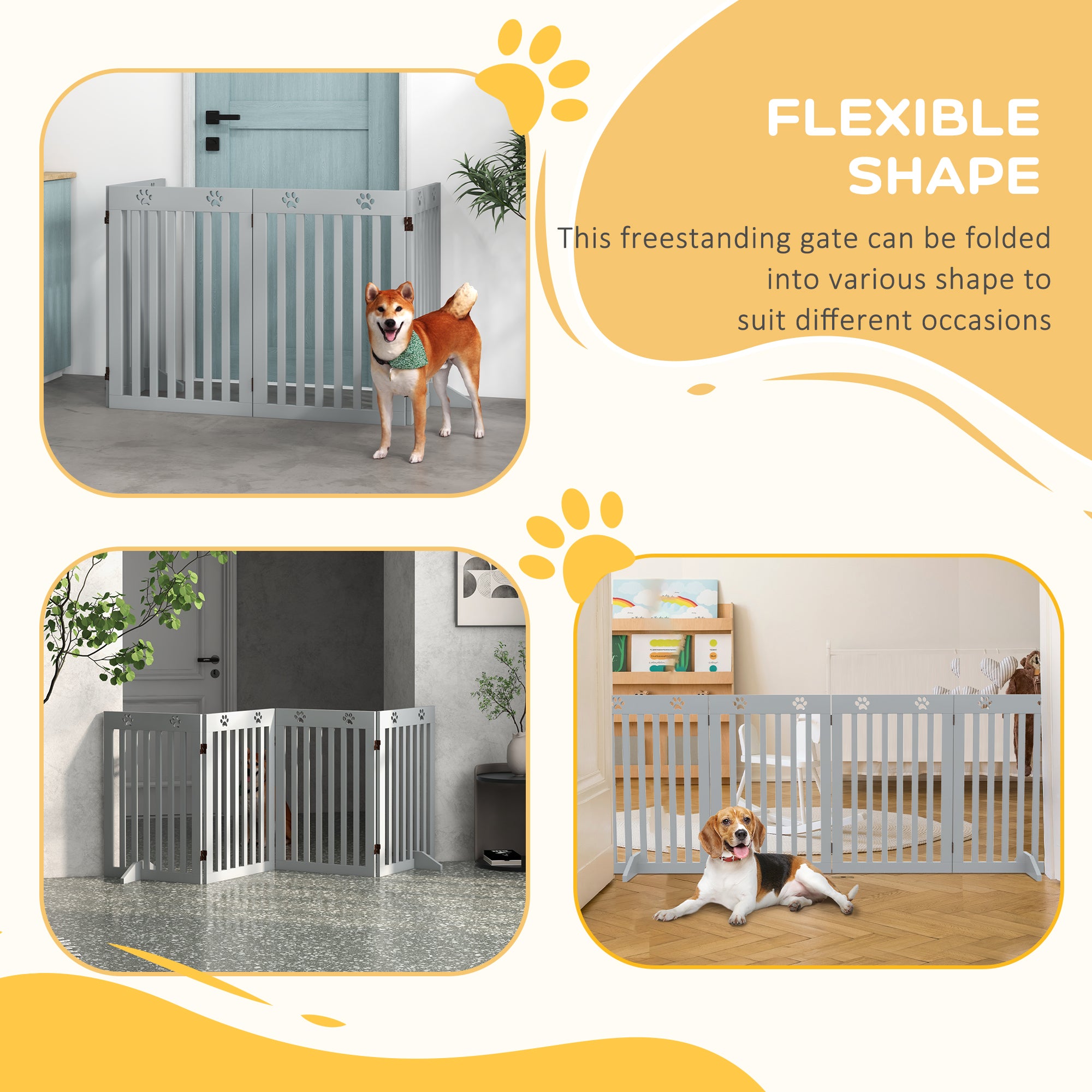 Wooden Pet Gate Foldable Freestanding Dog Safety Barrier w/ Support Feet, Grey