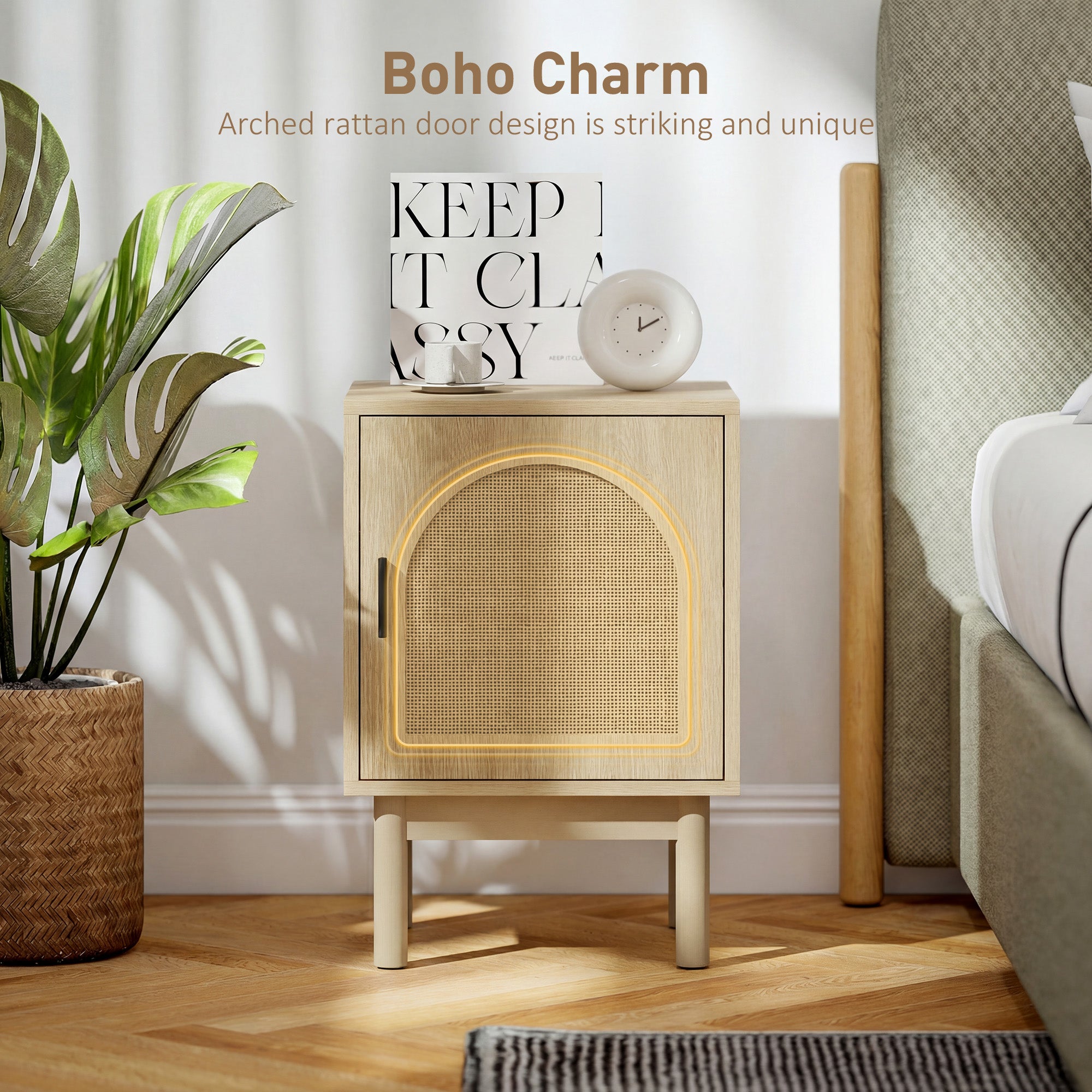 Rattan Bedside Table for Bedroom - Natural Wood