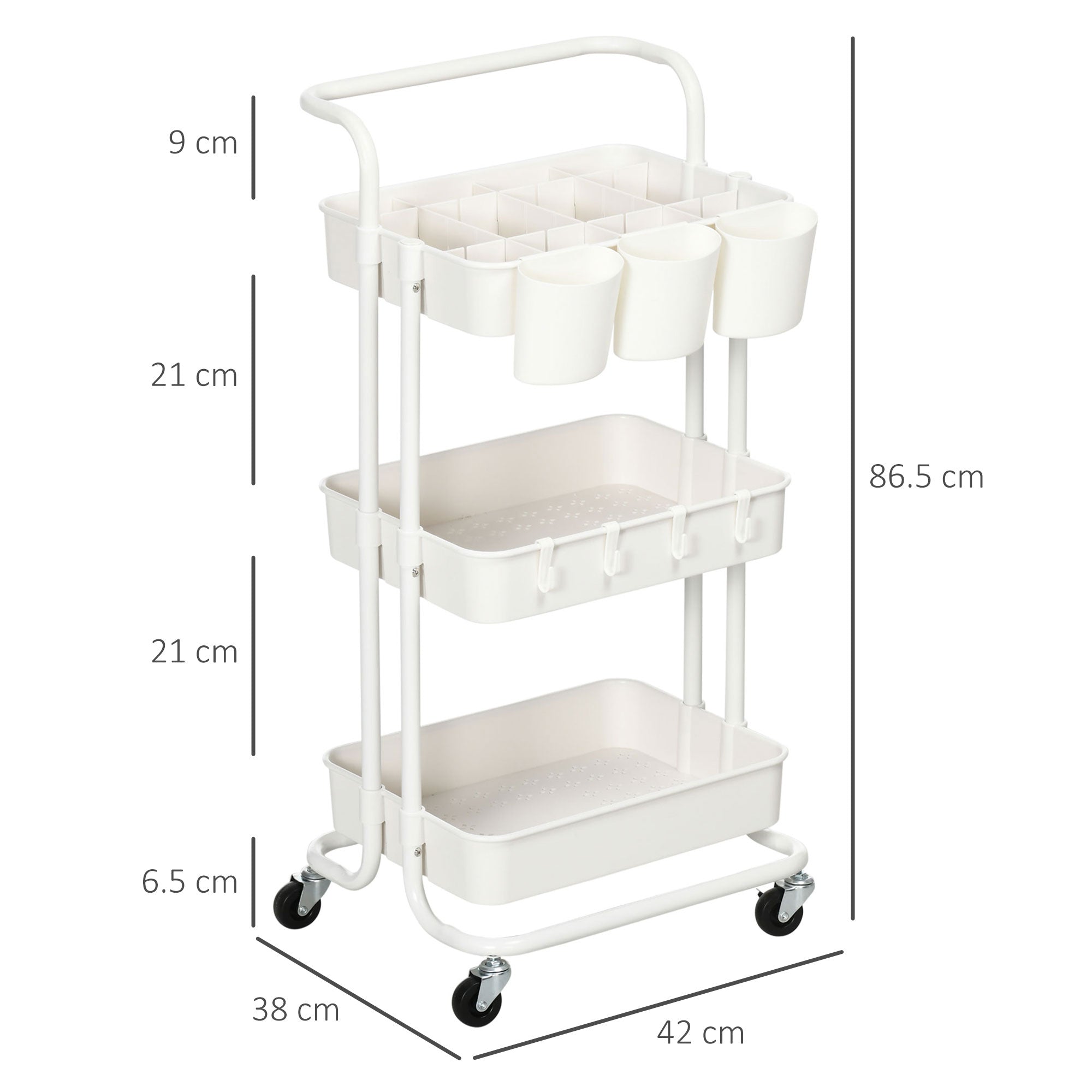 Three-Tier Home Trolley, with Handle and Wheels - White