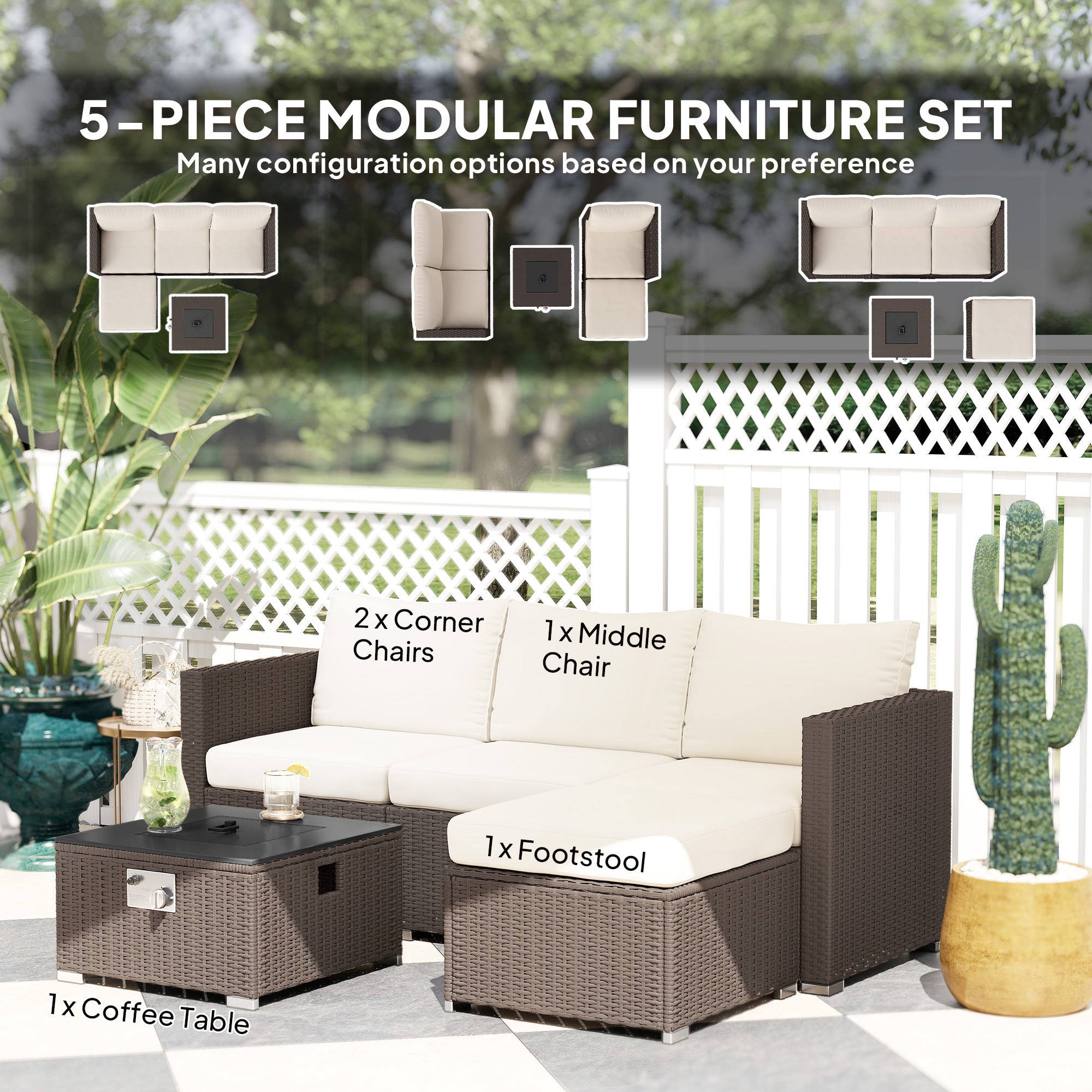 Five Piece Rattan Garden Furniture Set with Gas Fire Pit Table and Footstool - Brown and Cream White