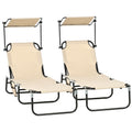 2 Piece Folding Adjustable Sun Loungers with Canopy and Side Pocket - Tan Brown
