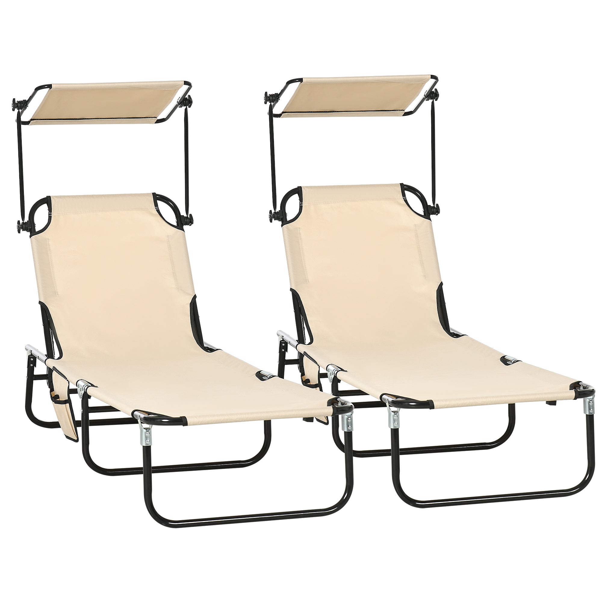 2 Piece Folding Adjustable Sun Loungers with Canopy and Side Pocket - Tan Brown