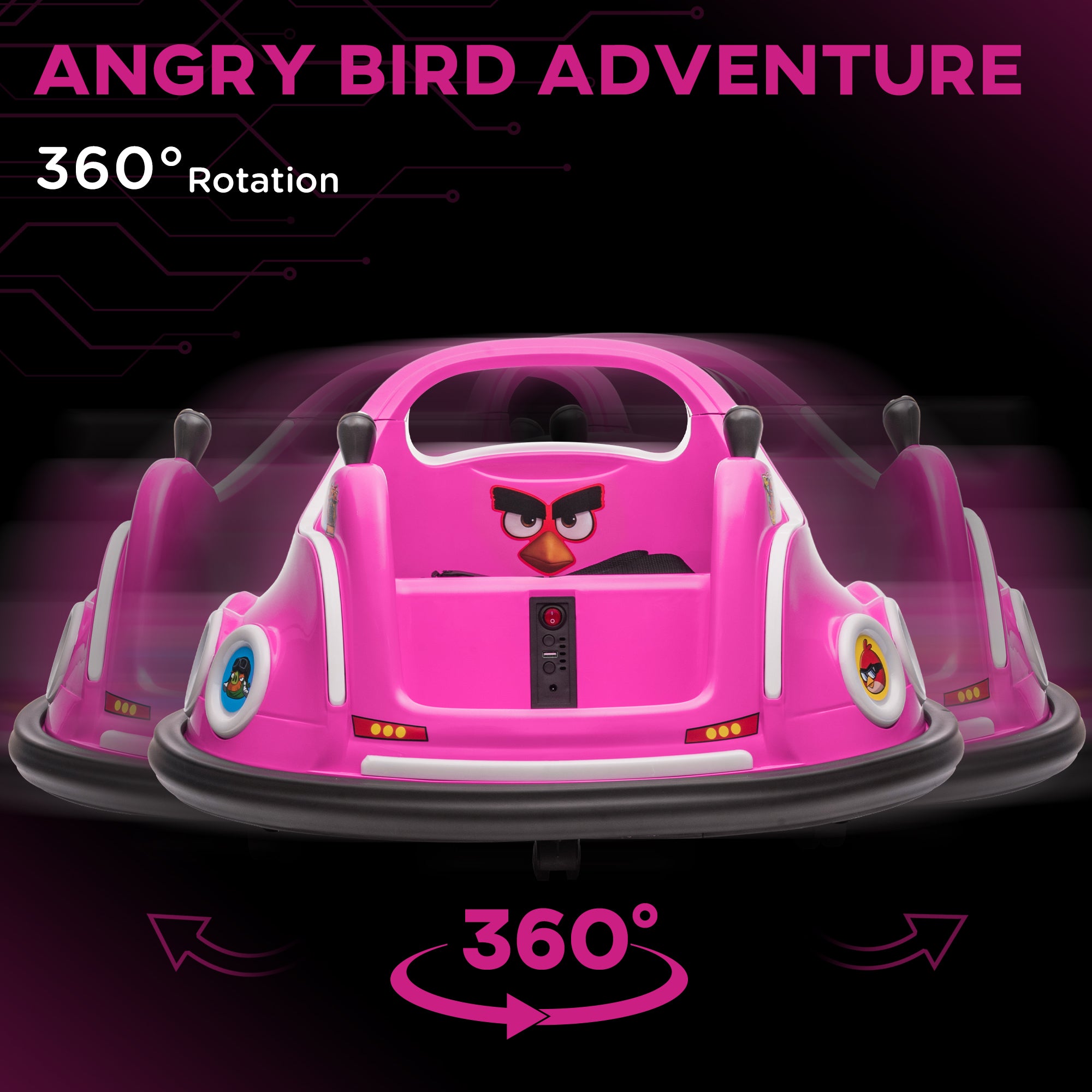 Angry Bird Licensed Waltzer Car, 12V Kids Bumper Car w/ Joysticks, Remote, Music LED Lights - Pink