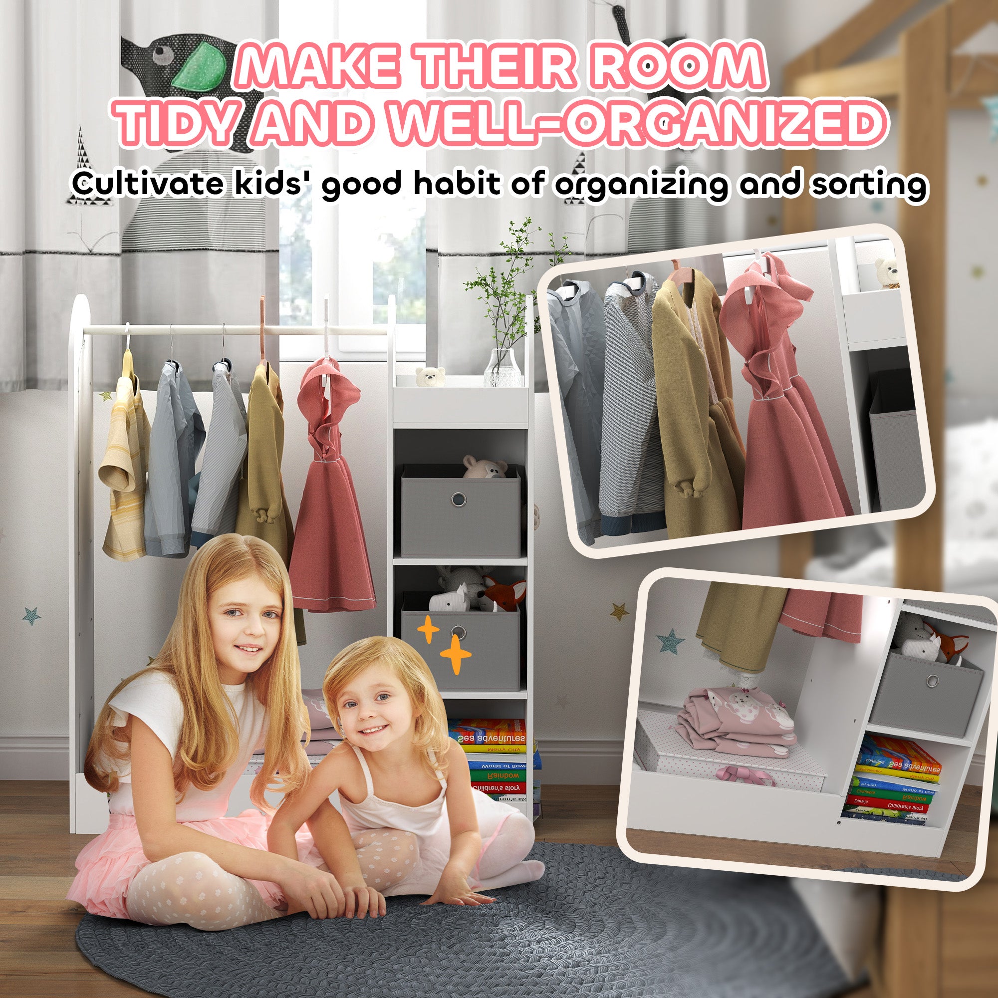 Kids Clothes Rail with Storage Shelf, Boxes & Mirror for Bedroom Nursery - White