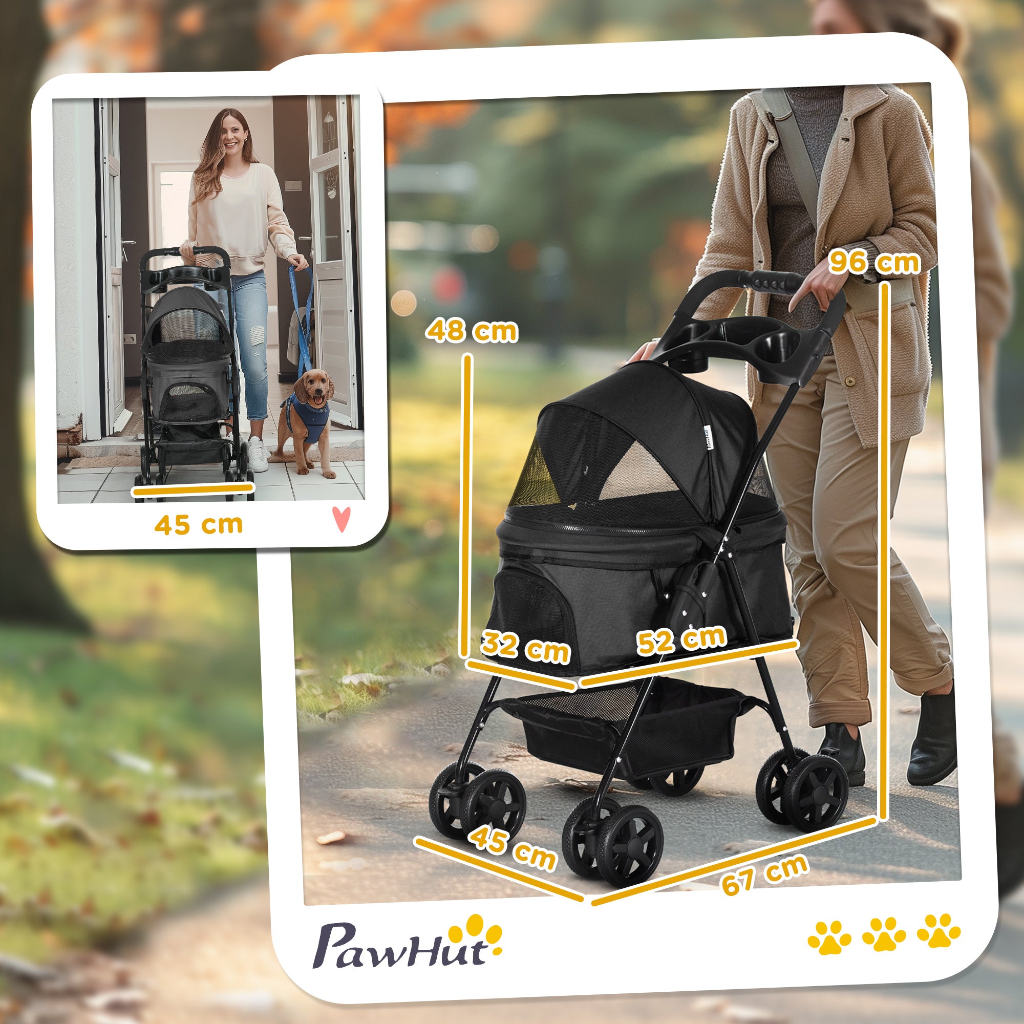 Dog Pram Dog Stroller Foldable Pet Pushchair with 4 Wheels, Safety Leashes, Cup Holder for Small Dogs, Black