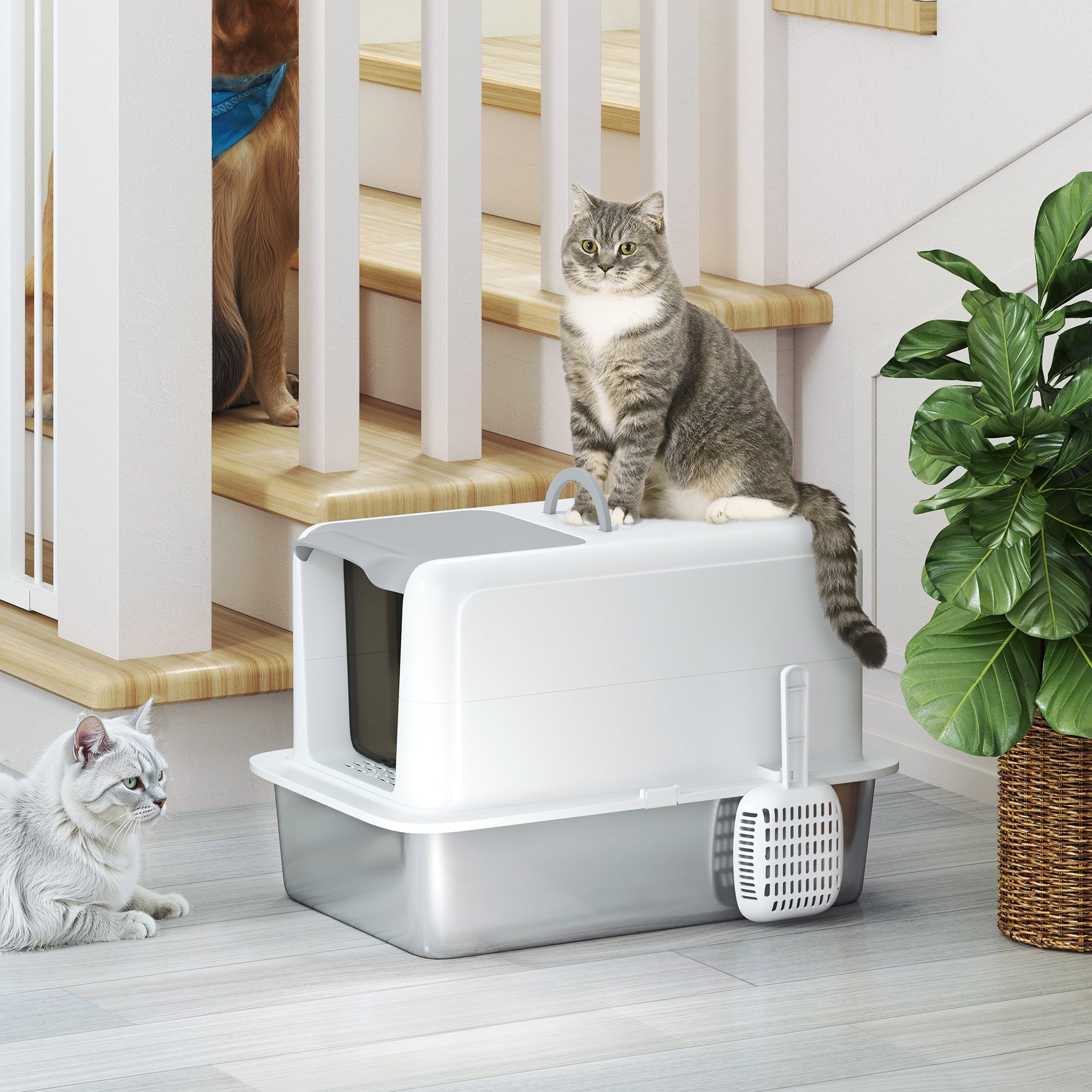 Stainless Steel Cat Litter Box for Larger Cats with Removable Lid, Scoop & Filter Bags - White