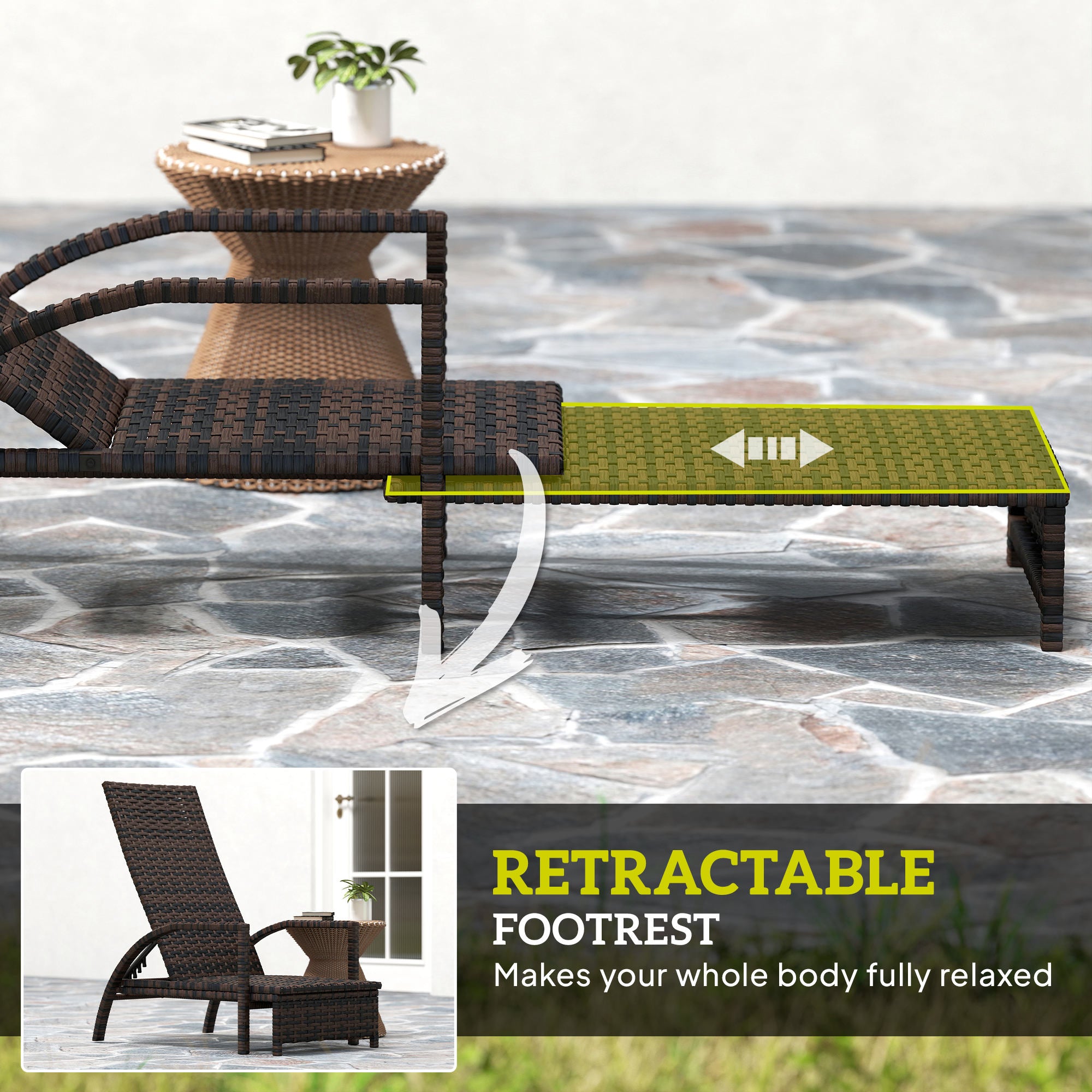 Reclining Rattan Lounger, with Extending Footrest - Brown