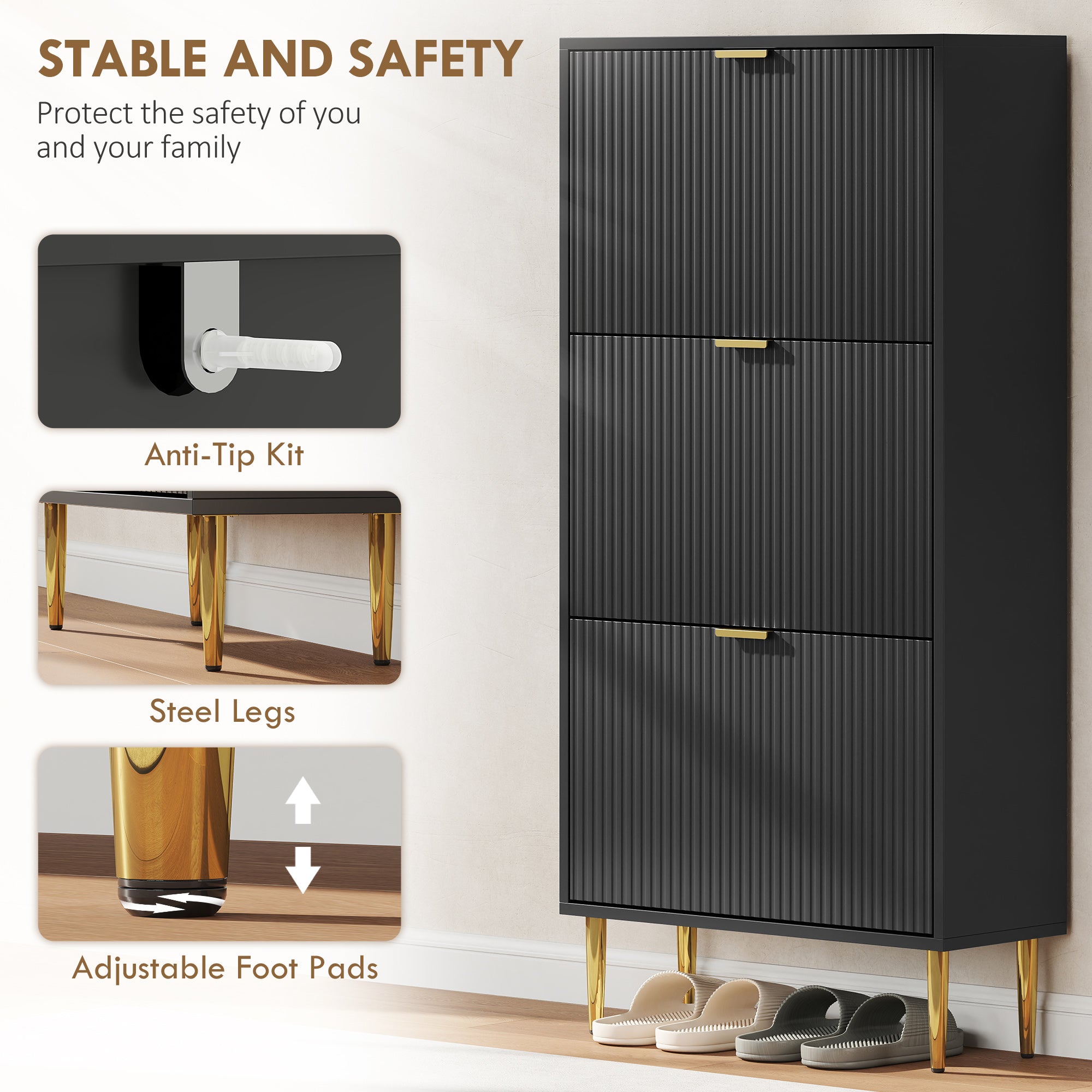 Elegant Three-Drawer Shoe Cabinet - Black