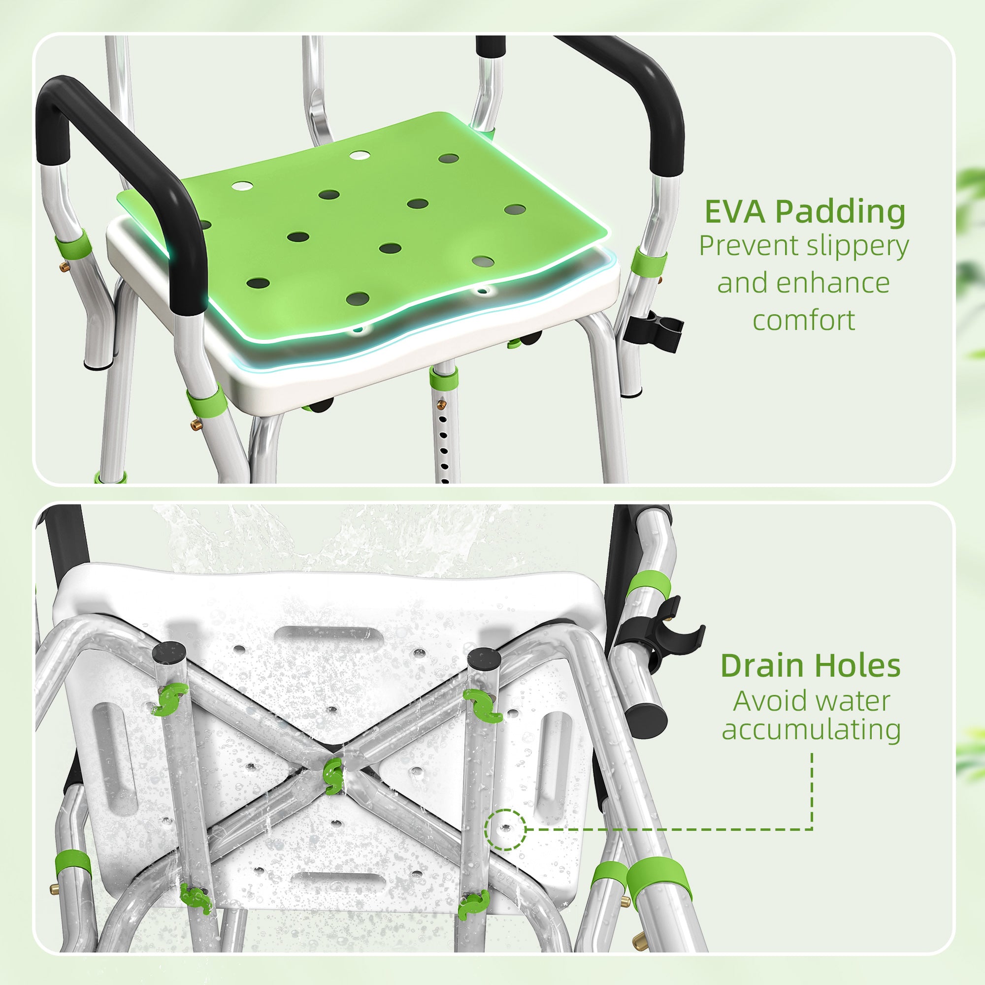 EVA Padded Shower Chair for the Elderly and Disabled, Height Adjustable Shower Stool with Back and Arms, 4 Suction Foot Pads, Green