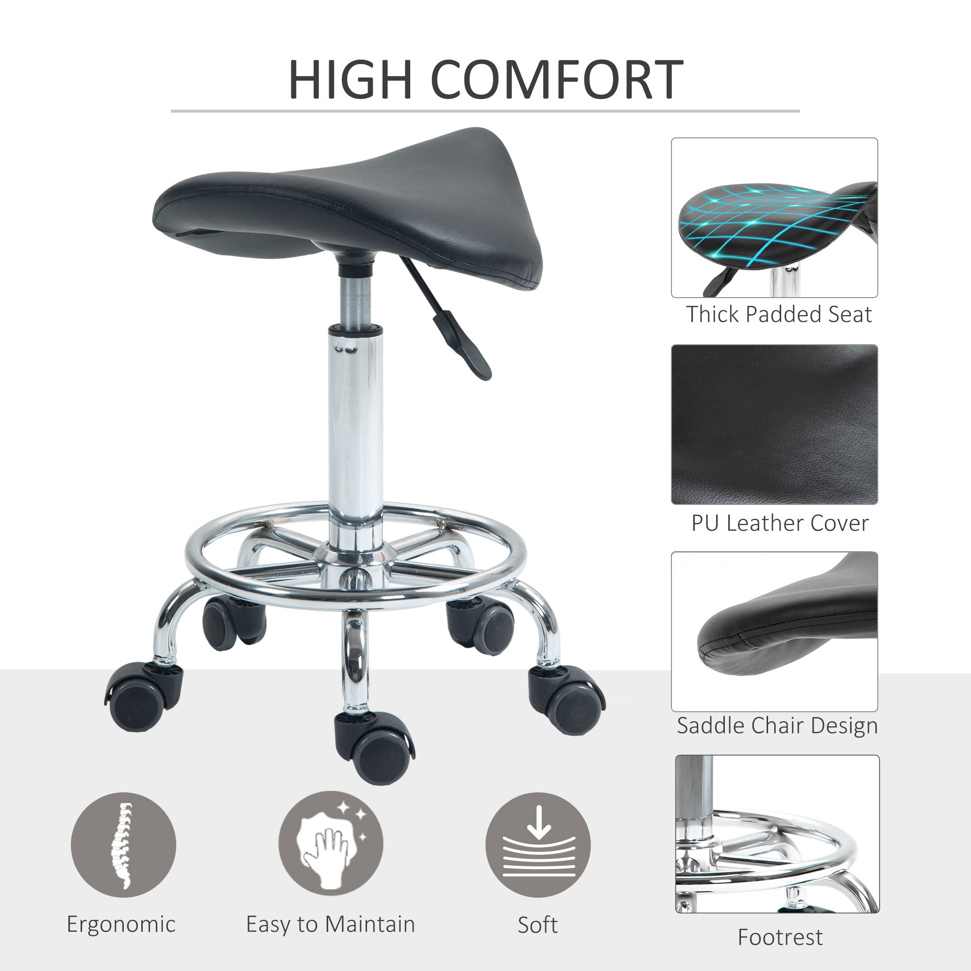 Salon Saddle Stool, Rolling Saddle Chair for Massage, Spa, Clinic, Beauty, Hairdressing and Tattoo, Black