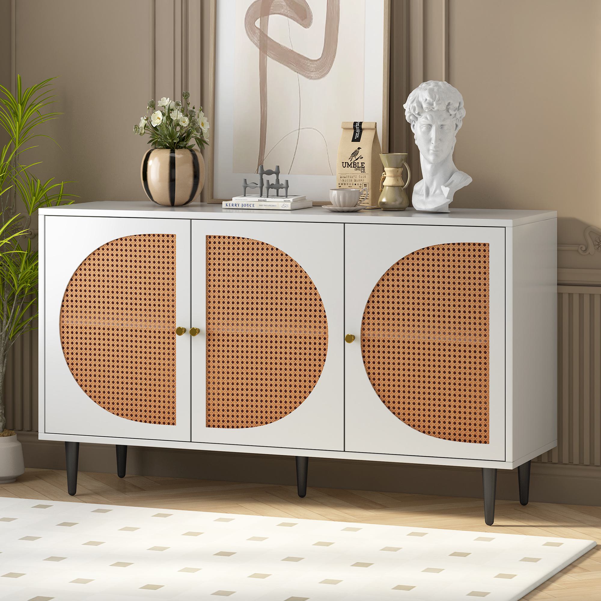 Versatile Rattan Sideboard with 3 Doors and Metal Handles, Storage Cabinet for Living Room and Office, 130L x 40W x 76H cm, White