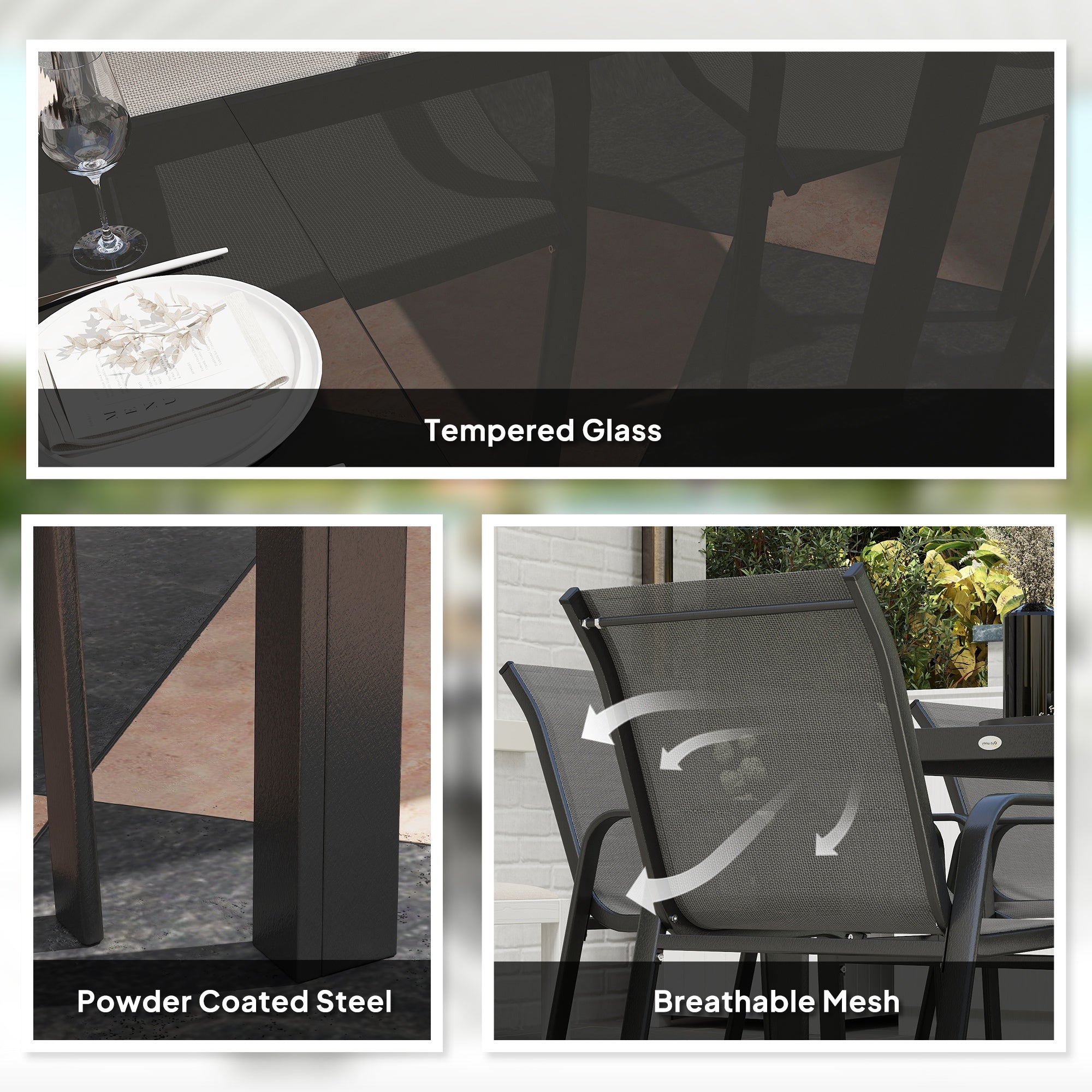 8 Seater Garden Dining Set with Stacking Chairs, Rectangular Tempered Glass Top, Garden Furniture Set, Outdoor Dining Table and Chairs for Patio, Balcony, Poolside, Dark Grey