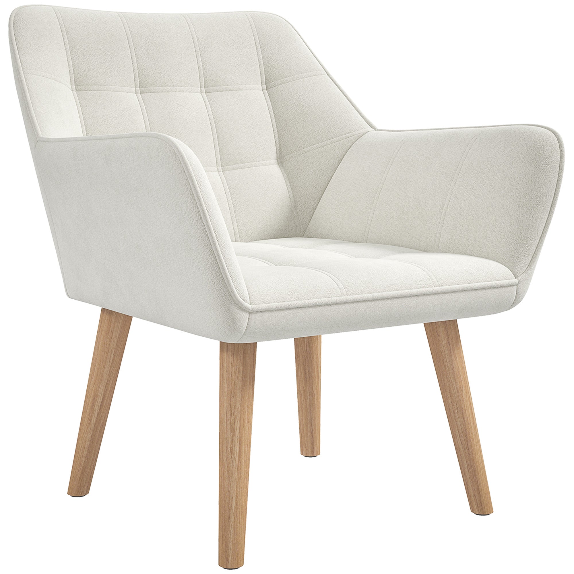 Accent Chair, Arm Chair with Wide Arms, Slanted Back, Thick Padding and Rubber Wooden Legs for Living Room, Cream White