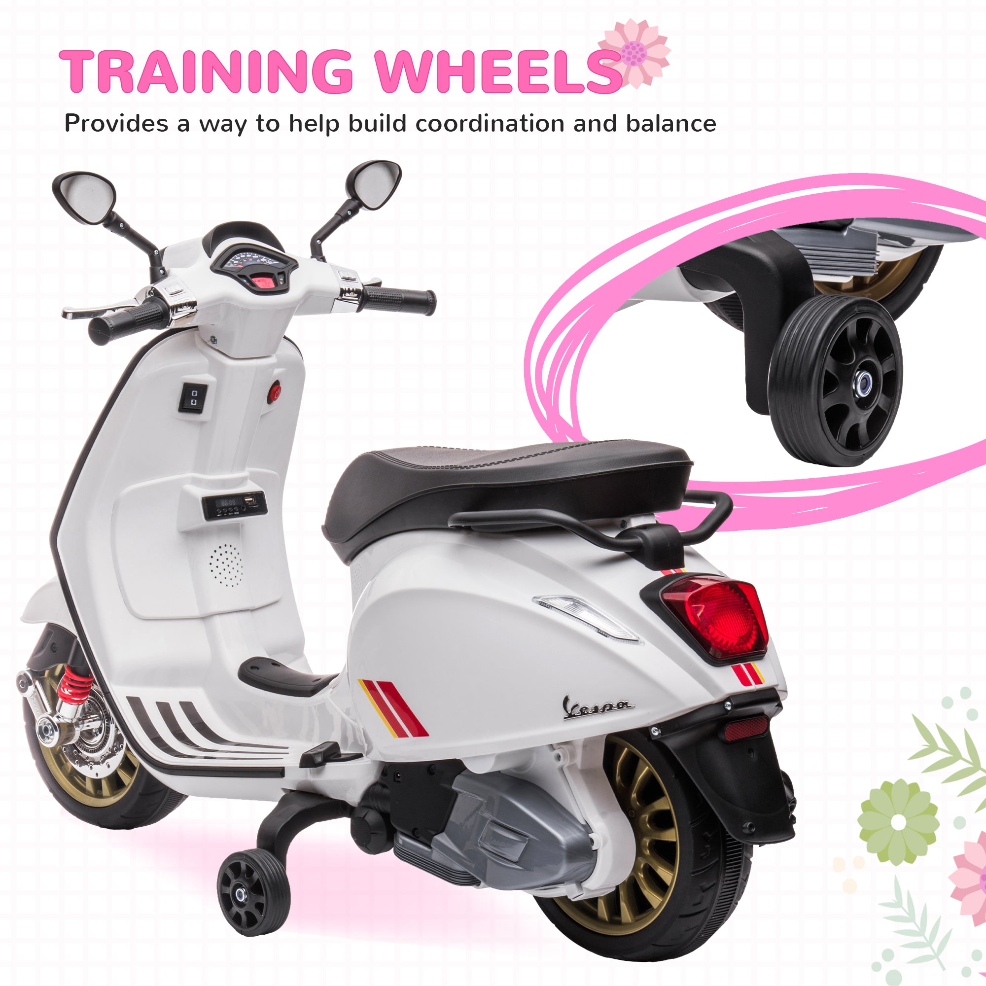 12V Vespa Licensed Kids Electric Motorbike w/ Music, Headlights, FM Radio, for 3-6 Years - White